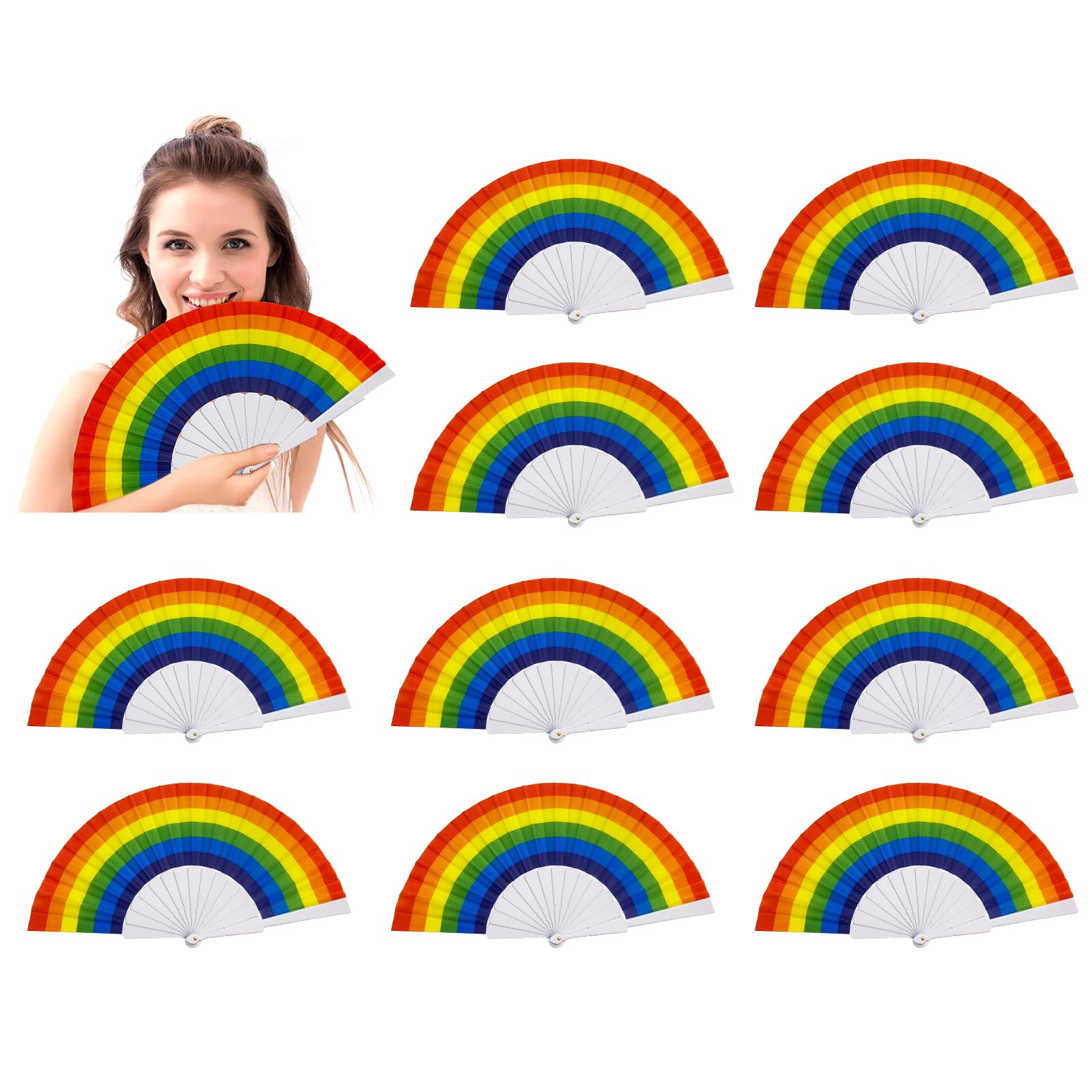 10 Pack Rainbow Pride Folding Hand Fans - Colorful Plastic Handheld Fans for Music Festivals, Parades, Dance Performances & Summer Cooling - Bulk Party Favors & LGBTQ+ Event Supplies (White)