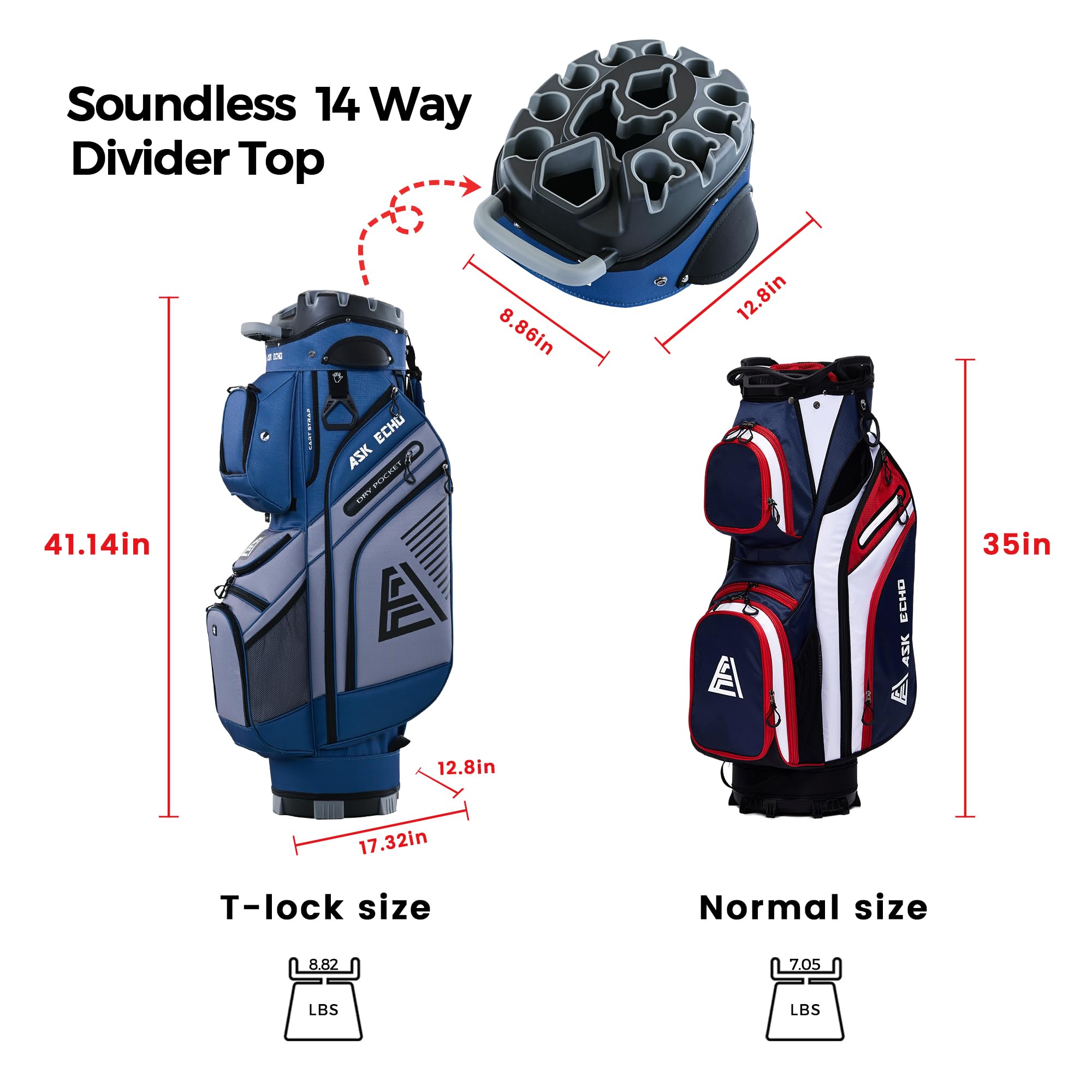 ASK ECHO 2024 T-Lock Golf Cart Bag with 14-Way Divider Top - Premium Golf Bag with Handles & Waterproof Rain Cover for Men - Perfect for Club Organization & Weather Protection on the Course