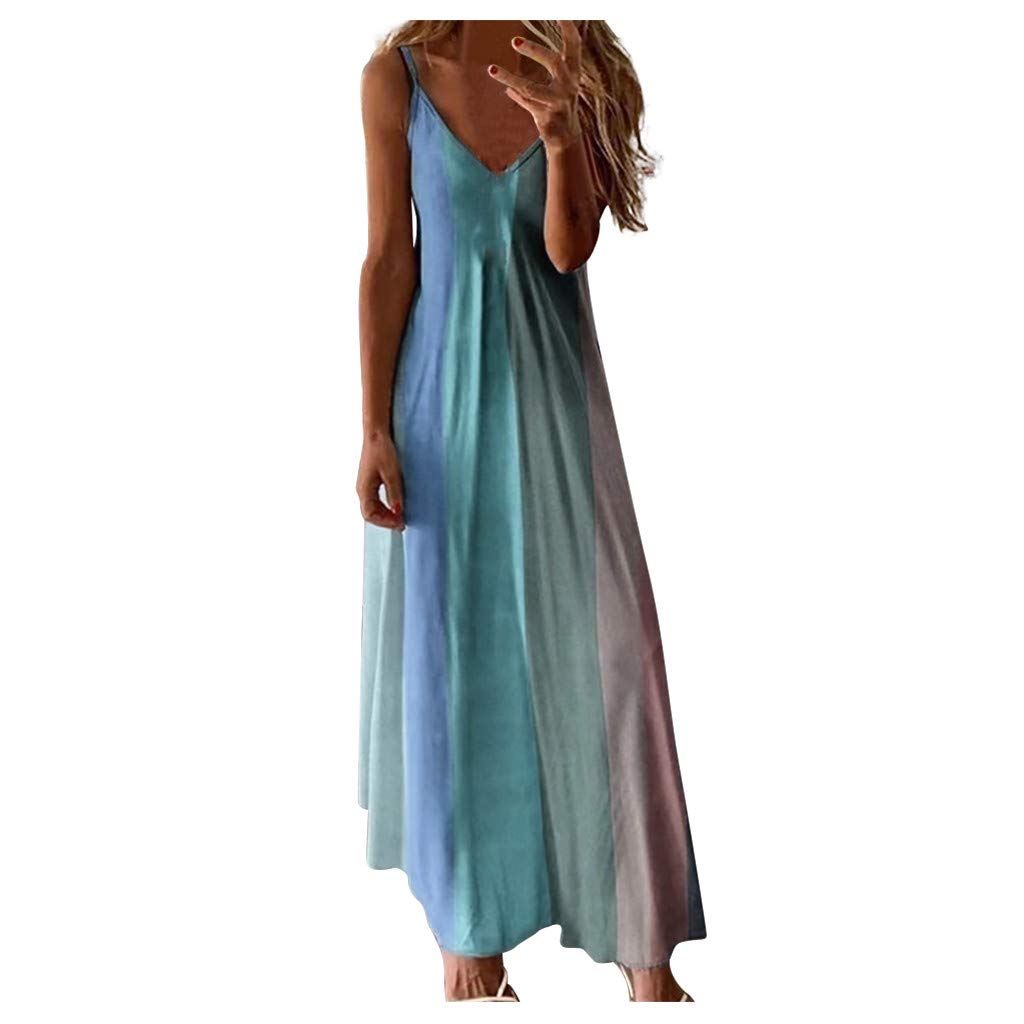 Women's Summer Casual Sleeveless V-Neck Striped Maxi Dress - Plus Size 5XL Boho Long Beach Dress in Blue | Perfect for Vacation, Poolside & Outdoor Parties