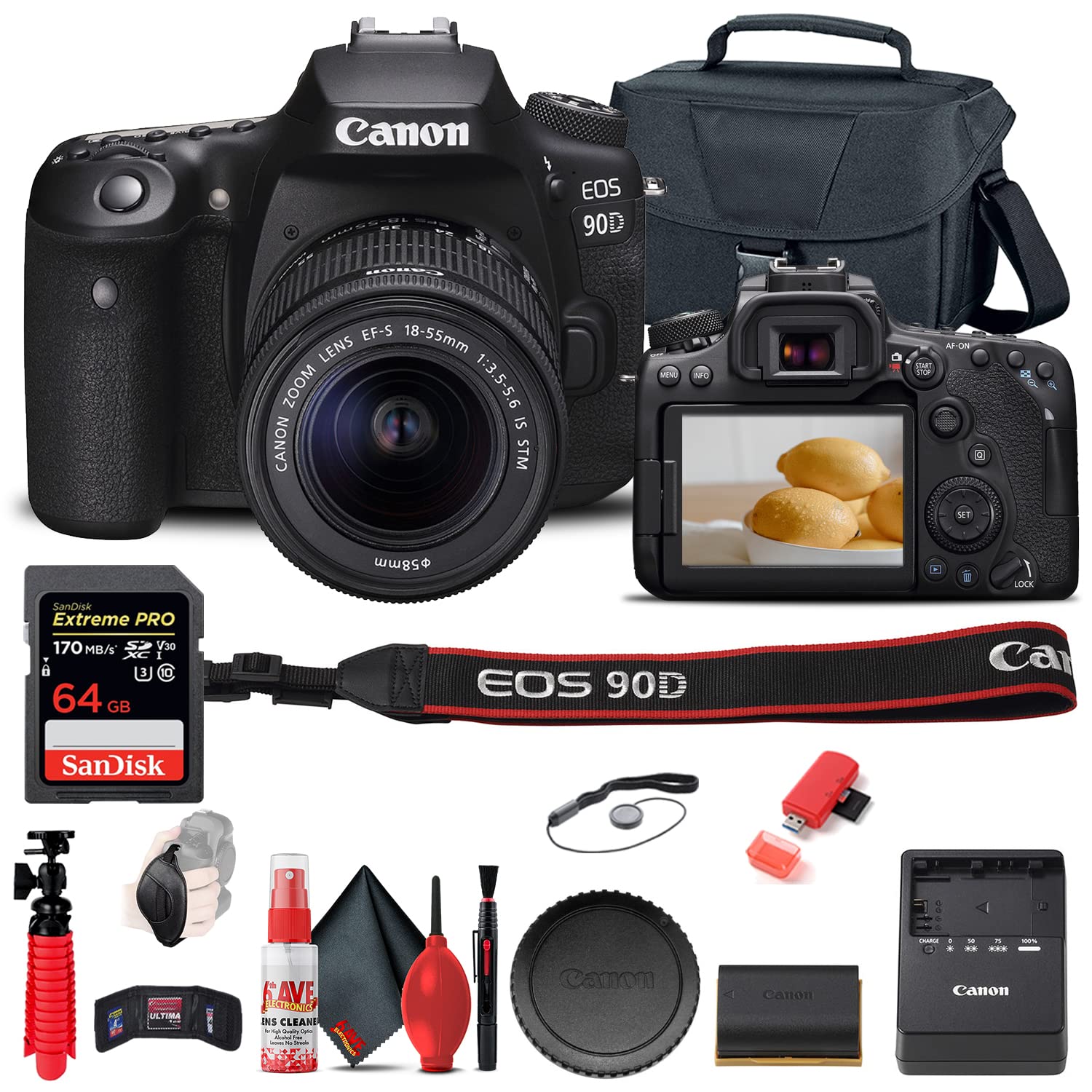 Renewed Canon EOS 90D DSLR Camera with 18-55mm Lens Kit (3616C009) | 64GB Memory Card, Case, Tripod & Accessories Bundle | Perfect for Travel Photography, Vlogging & Professional Shooting