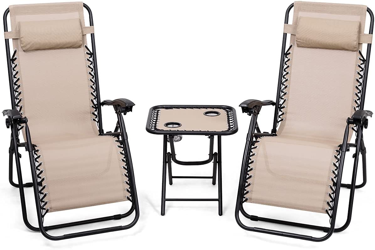 Zimbala 3-Piece Zero Gravity Lounge Chair Set with Adjustable Reclining Positions & Portable Table - Folding Outdoor Patio Furniture for Poolside, Backyard, Balcony & Beach Relaxation (Beige)
