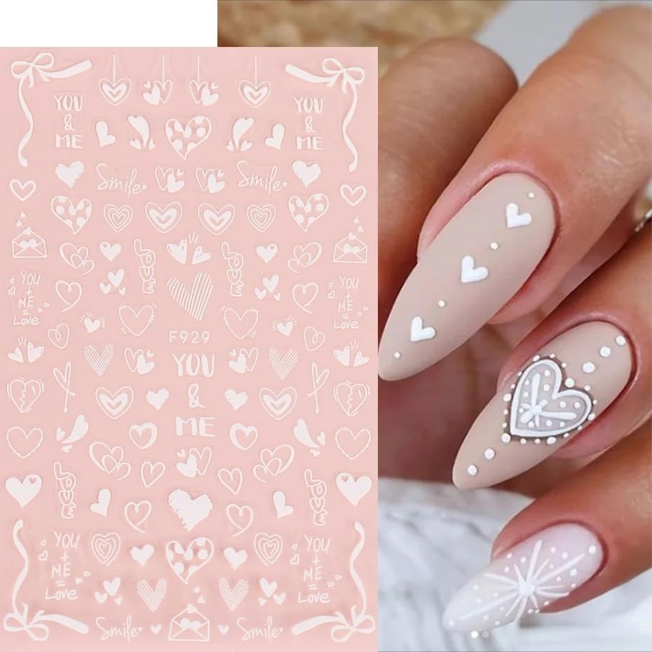 Valentine's Day Nail Art Stickers - 3D Heart Nail Decals, Self-Adhesive Love Letter Design French Manicure Tips (8PCS) for Women DIY Nail Decor - Perfect for Valentine's Gifts, Date Nights & Romantic Occasions