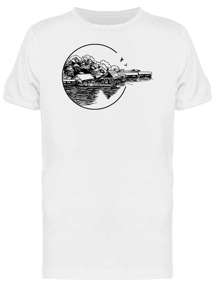 Small Village and River Graphic Tee for Men - Comfortable Cotton T-Shirt with Nature Print - Perfect for Casual Wear, Outdoor Adventures & Travel