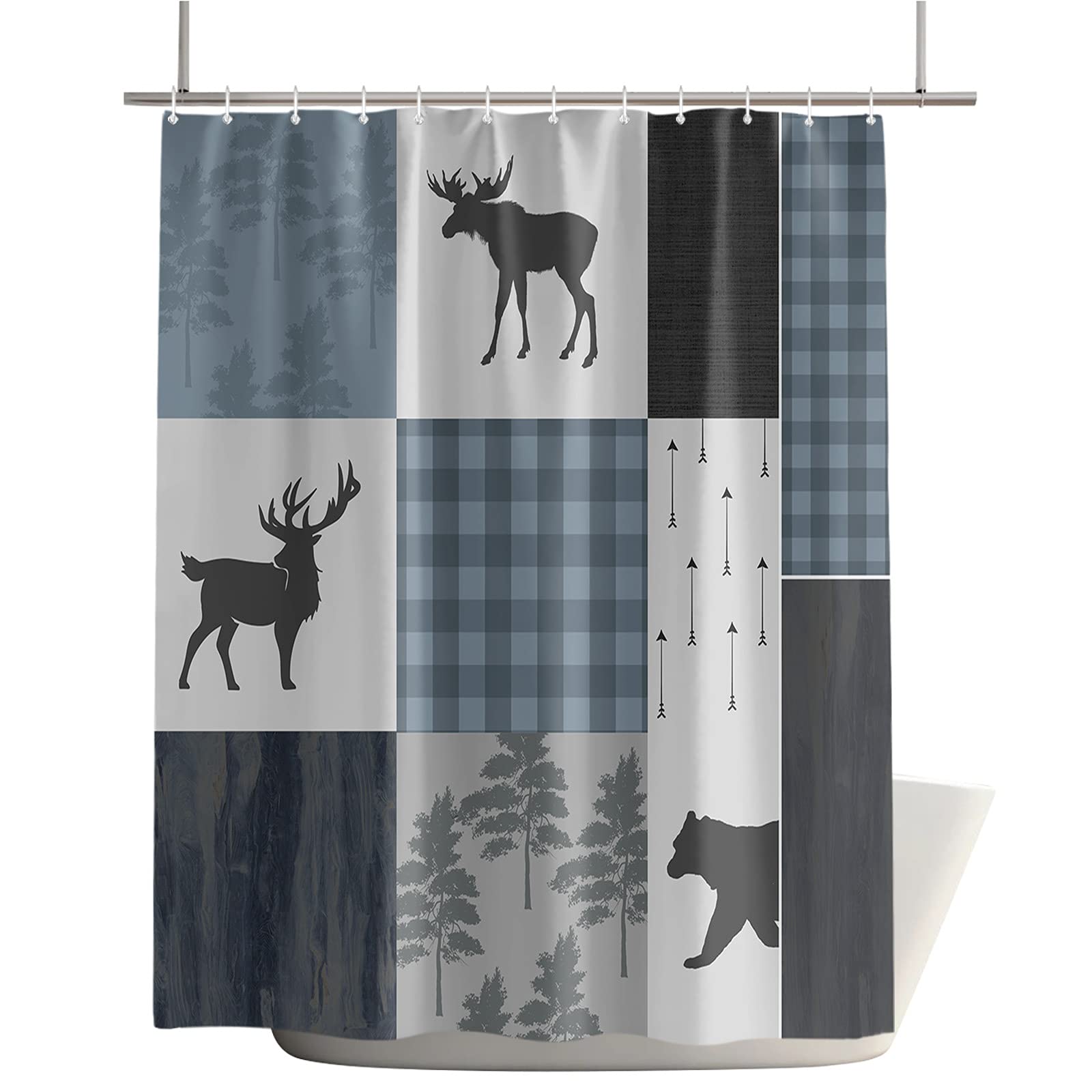 Waterproof Shower Curtain Set with Hooks - 66x72 Inches Washable Bathroom Curtain for Bathtubs & Stalls, Retro Country Style Bear Elk and Woods Pattern - Perfect for Rustic Cabin, Farmhouse, or Nature-Themed Bathroom Decor