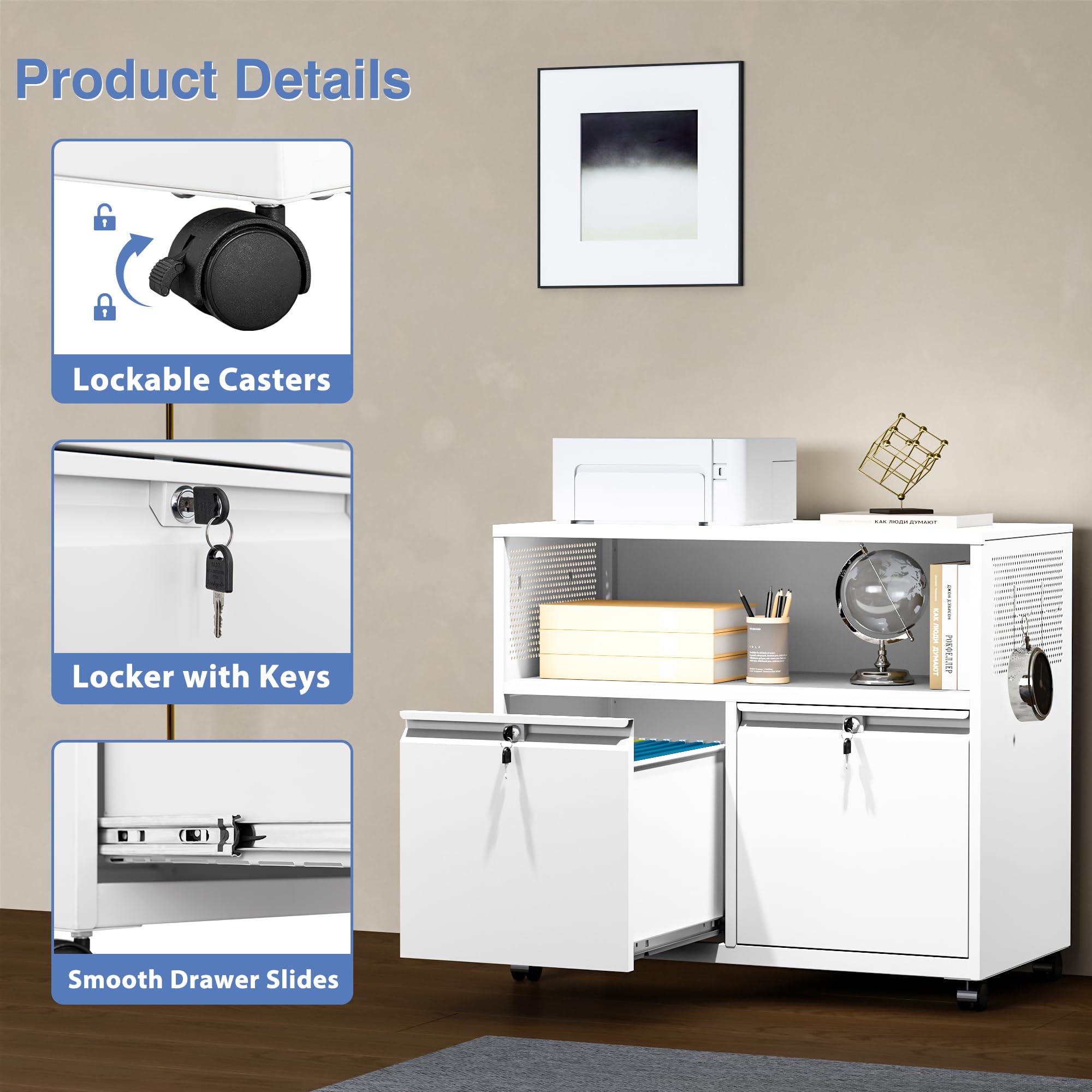 2-Drawer Metal Lateral File Cabinet with Lock & Wheels - Rolling Storage Cabinet for Letter/Legal/A4 Files, Home Office Organization & Printer Stand (White) - Perfect for Office, Study Room & Home Workspace Storage Solutions