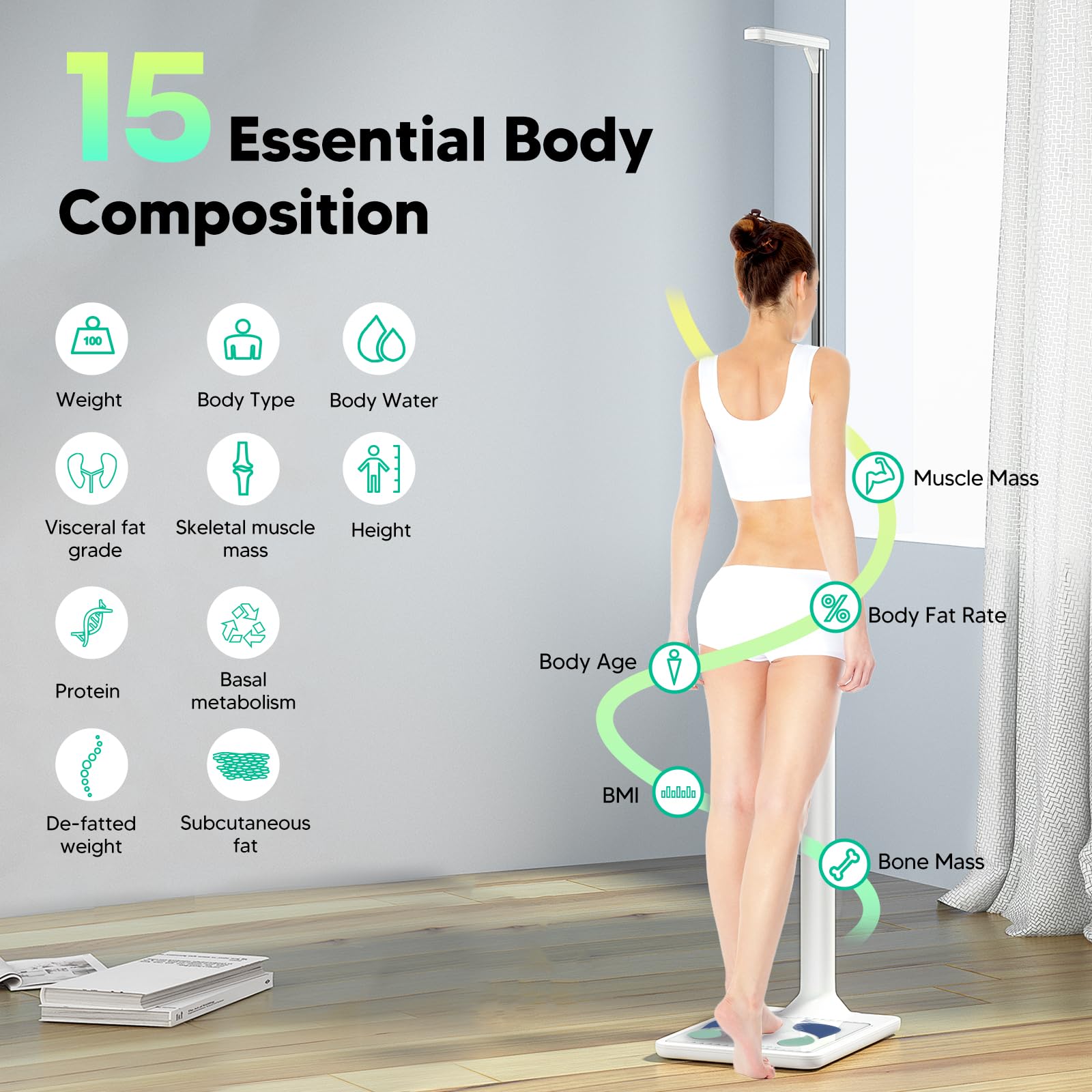 Arboleaf Digital Physician Scale with Ultrasonic Height Measurement - Smart Body Composition Analyzer for Weight, BMI, Body Fat - FSA/HSA Eligible (11-485lb, 6ft 4.8in) - Perfect for Home Gym & Health Tracking