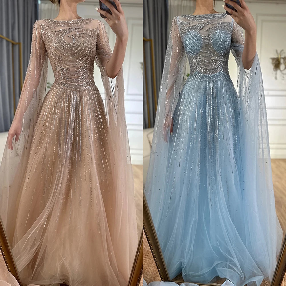 Luxury Dubai Arabic Caramel Saudi Evening Dresses with Cape Sleeves A-Line Beaded Gown for Wedding Party & Special Occasions - LA72799 | Elegant Formal Wear for Bridal, Prom & Gala Events