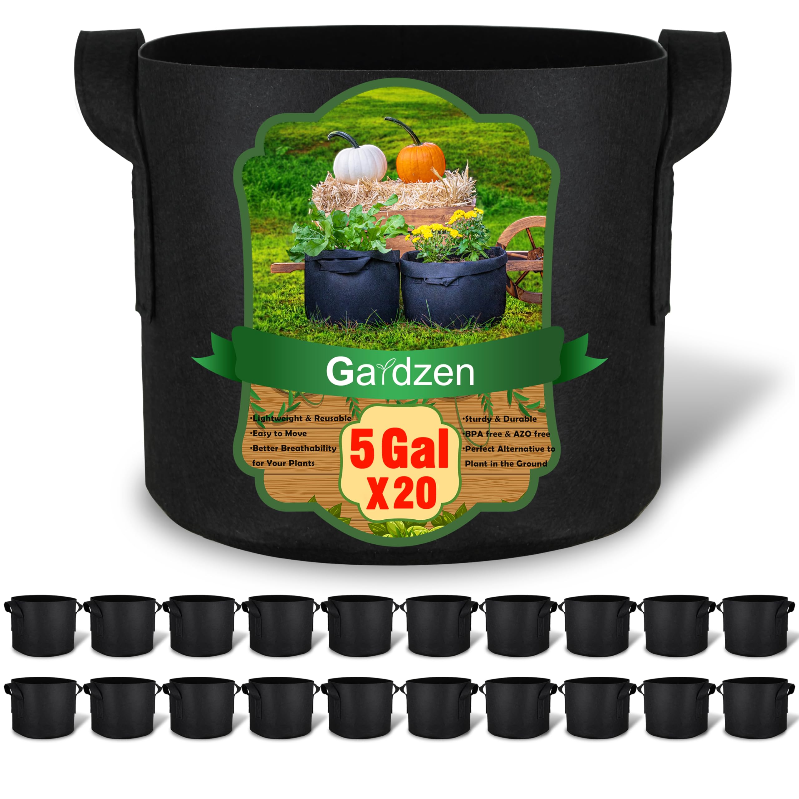 **Gardzen 20-Pack 5 Gallon Grow Bags - Breathable Fabric Plant Pots with Sturdy Handles for Vegetables, Herbs, and Flowers - Ideal for Indoor & Outdoor Gardening**
