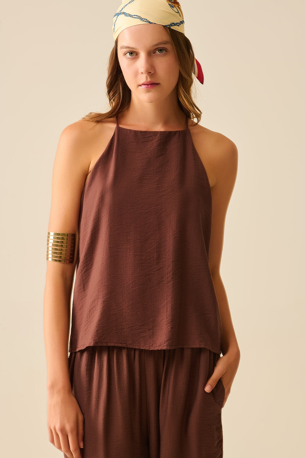 Basic Summer Tank Top with High Neck in Chocolate Brown - Perfect for Casual Outfits, Beach Wear & Layering