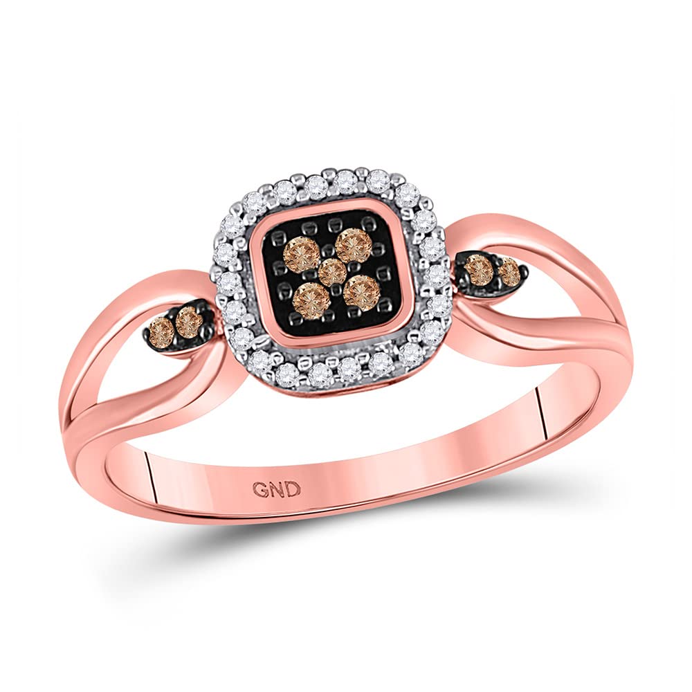 10Kt Rose Gold Women's Round Brown Diamond Cluster Ring - 1/8 Cttw Square Engagement Ring for Anniversary, Wedding & Special Occasions