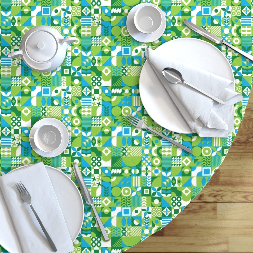 Custom Blue Geometric Abstract Grid Print Cotton Sateen Tablecloth - 90