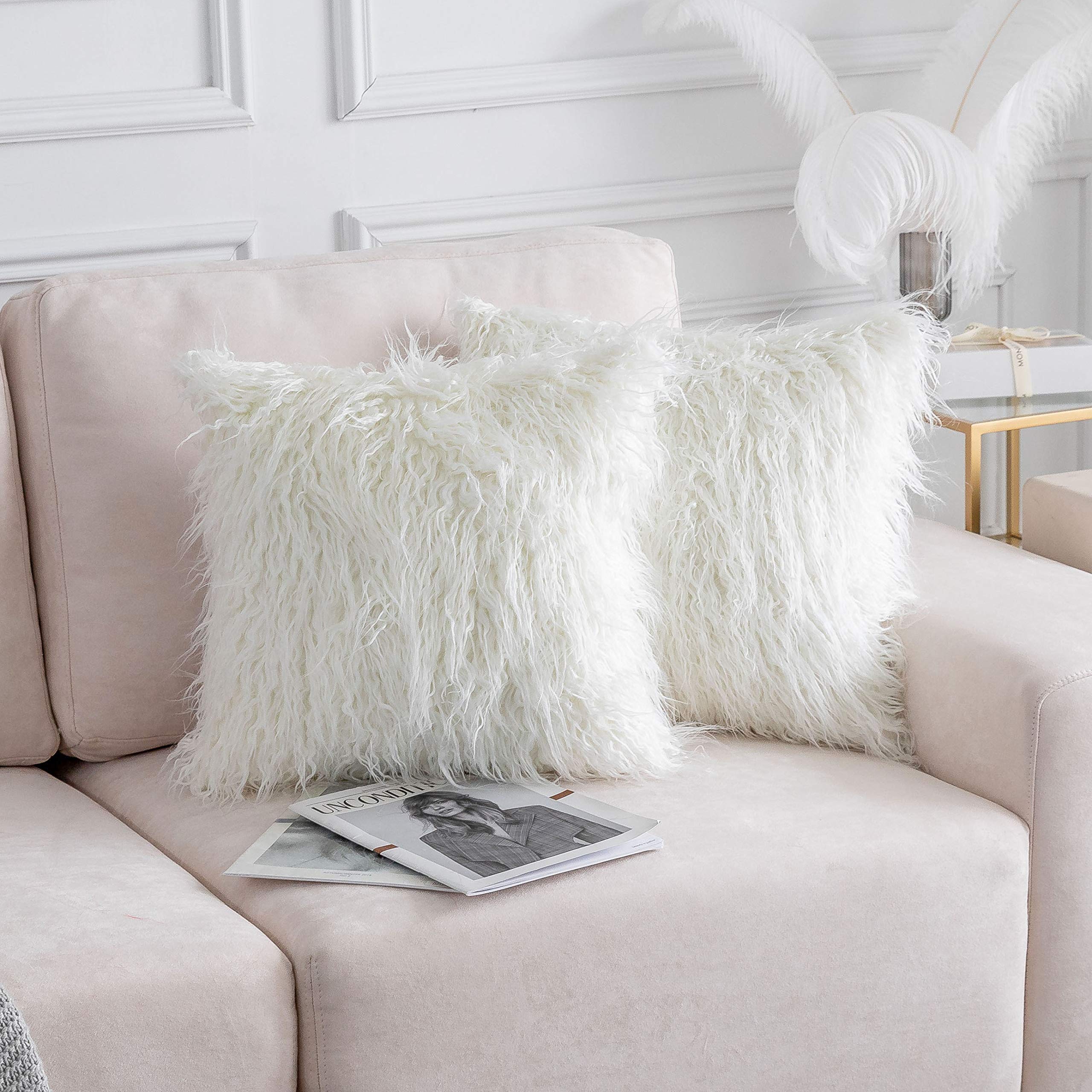 Premium Fluffy Faux Fur Pillow Covers 18x18 Inches - Soft Decorative Throw Pillows for Sofa, Couch & Bed - Set of 2 White Luxury Pillow Cases - Perfect for Living Room, Bedroom & Home Decor