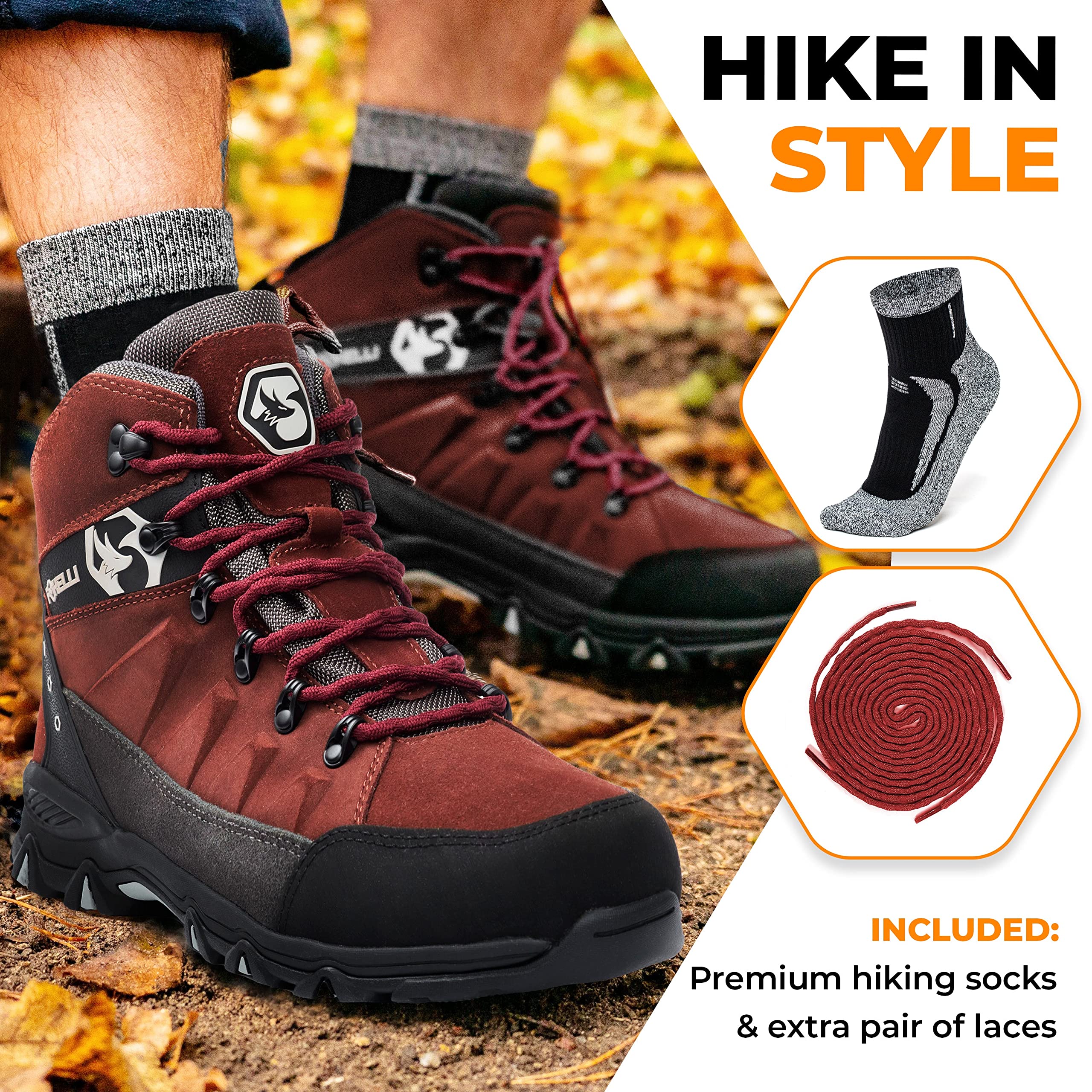 Foxelli Men's Waterproof Hiking Boots - Lightweight Breathable Suede Leather Outdoor Shoes for Trekking & Camping | Perfect for Mountain Trails, Backpacking & Daily Adventures