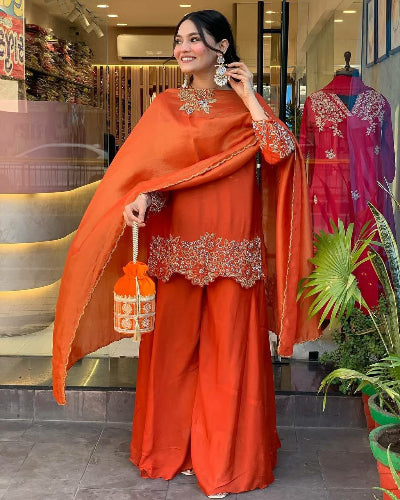 Marigold Orange Georgette Sequenced Palazzo Suit Set for Women | Elegant Indian Ethnic Wear | Perfect for Weddings, Festivals & Special Occasions