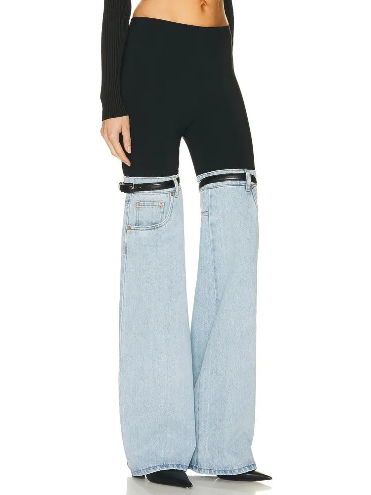 DEAT Fashion Women's High Waist Straight Leg Jeans with PU Leather Patchwork & Buckle Details - Trendy Streetwear Denim Pants for Spring 2023 | Perfect for Casual Outings, Parties and Everyday Wear