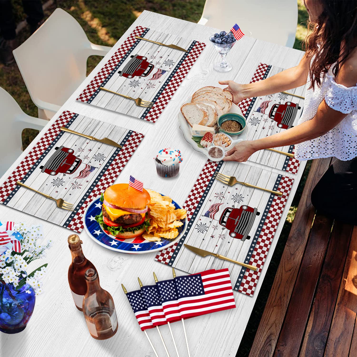 4th of July Placemats Set of 4 - Vintage Farm Red Truck with American Flag Patriotic Table Mats, Heat-Resistant & Washable Dinner Placemats for Independence Day Decor - Perfect for BBQ, Picnics & Holiday Dining