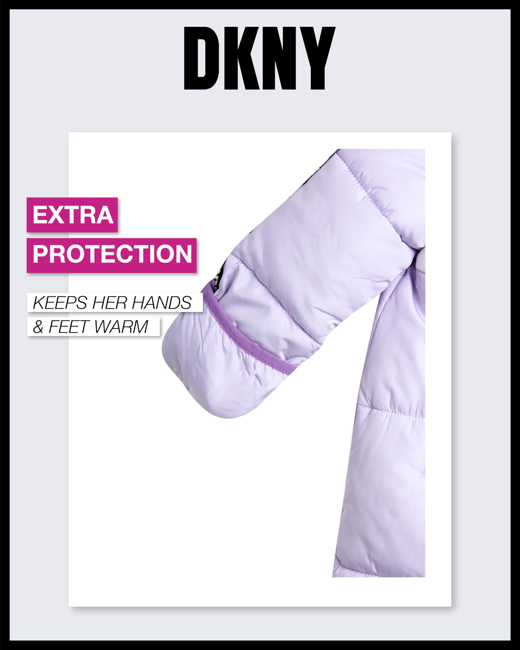 DKNY Baby Girls' Hooded Fleece-Lined Winter Snowsuit - Warm Zip-Up Snow Pram Coat for Newborns & Infants 0-24 Months - Perfect for Outdoor Winter Play, Snow Days & Stroller Walks