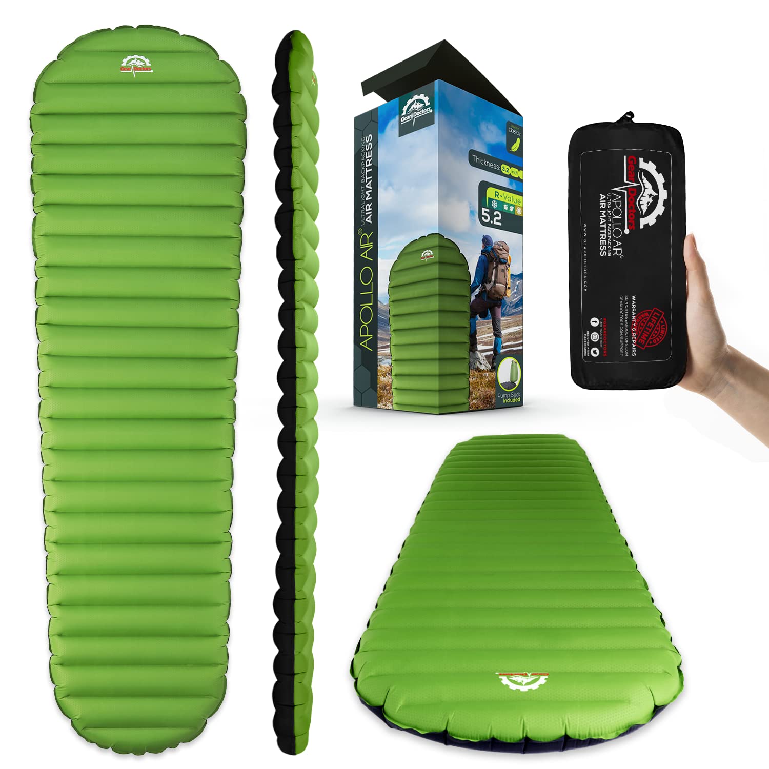 Gear Doctors Self Inflating Camping Pad - Ultralight Apollo Air 4.3-5.2 R Value Insulated Sleeping Mat (1.5-3.3 Inch Thick) - Inflatable Foam Air Mattress for Camping Cot | Perfect for Backpacking, Hiking & Outdoor Adventures