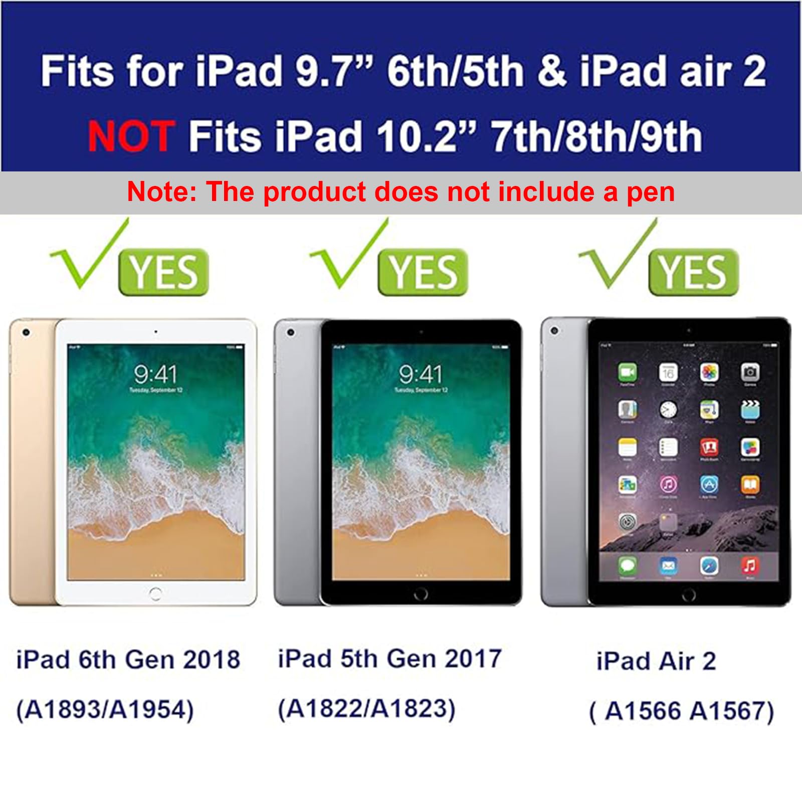 Heavy Duty iPad 6th/5th Generation 9.7 inch Case (2018/2017) & iPad Air 2/Pro 9.7 inch Protective Cover with Pencil Holder - 360° Rotating Handle Stand & Shoulder Strap (Navy+Green) | Perfect for Work, Travel & School Use