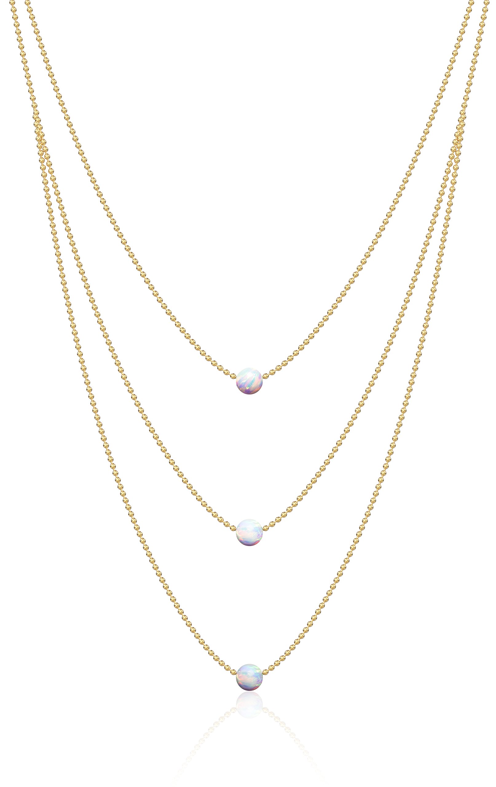 14K Gold Dipped Opal Layered Necklace for Women - 3 Tiered White Fire Opal Ball Chain, Dainty Gold Jewelry | Perfect for Everyday Wear, Date Nights & Special Occasions | Celebrity Approved Women's Opal Necklace