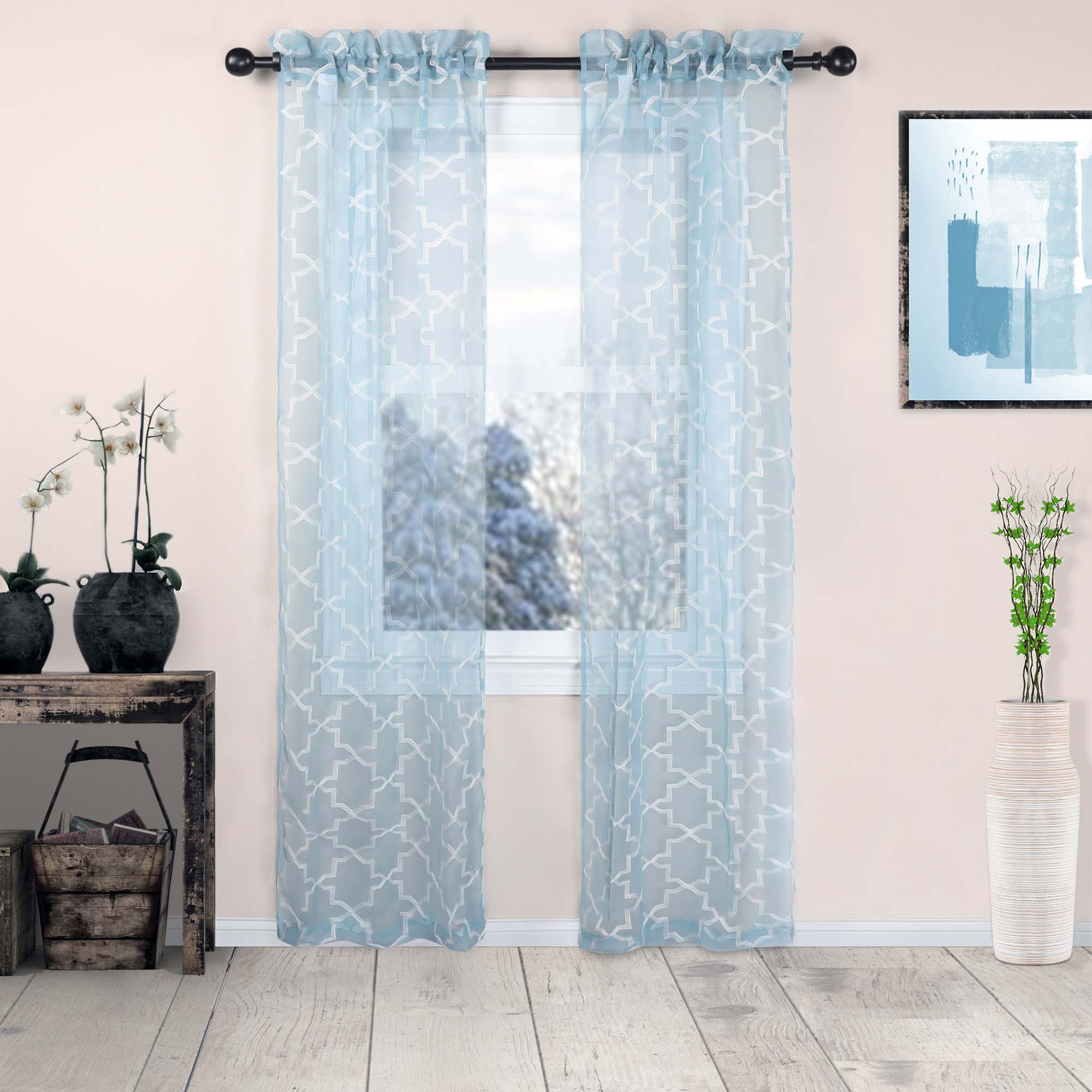 Embroidered Quatrefoil Semi-Sheer 2-Piece Curtain Panel Set - Elegant Window Treatment for Living Room & Bedroom Decor