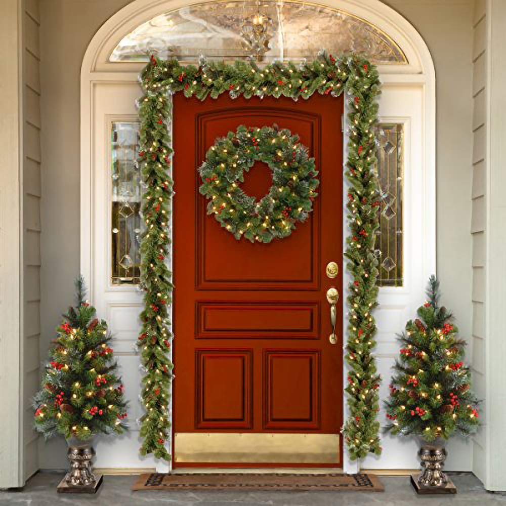 National Tree Company 24-Inch Pre-Lit Artificial Christmas Garland & Wreath Set - Flocked Crestwood Spruce with Mixed Decorations & White LED Lights for Holiday Home Decor, Fireplace, and Door Decoration
