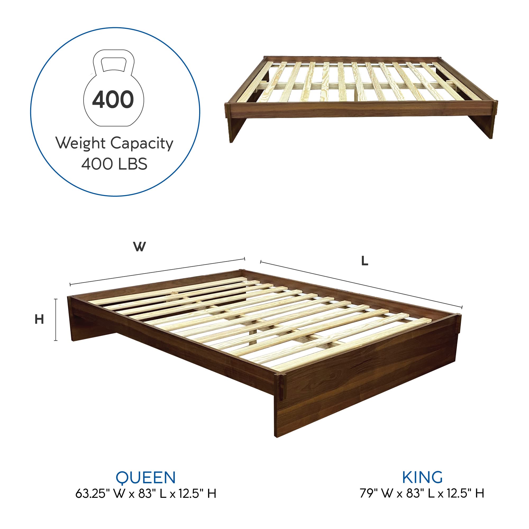 Liberty Solid Wood Platform Bed Frame - Queen Size, Walnut Finish, Sturdy & Modern Design for Bedroom, Guest Room or Dorm
