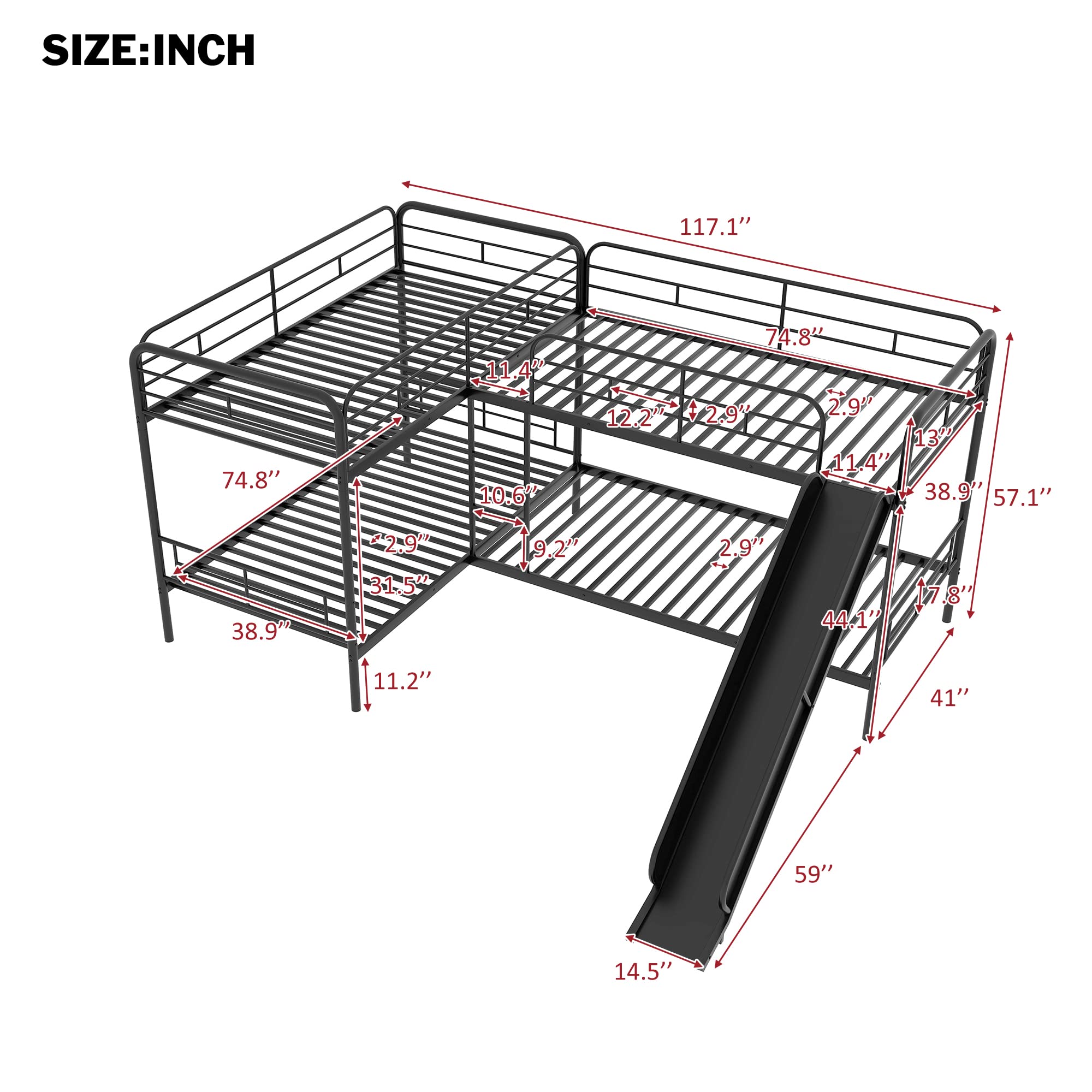 L-Shaped Twin Bunk Bed with Slide for 4 Sleepers - Space-Saving Kids & Teens Bunk Bed, No Box Spring Needed - Perfect for Shared Bedrooms, Vacation Homes & Dorm Rooms