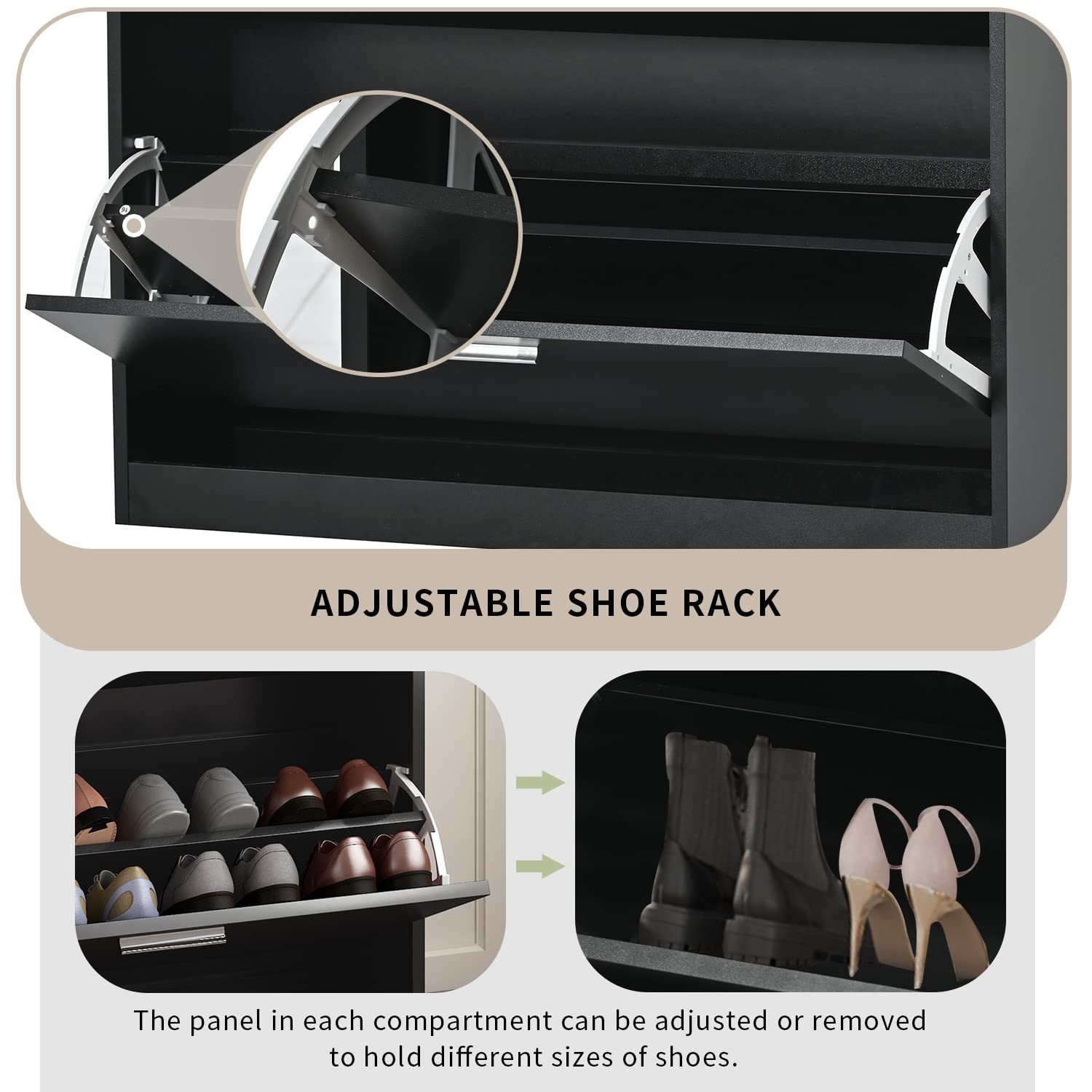 Modern Slim Entryway Shoe Cabinet with 2 Flip Drawers & LED Lights - Tempered Glass Top Shoe Storage Organizer with Open Shelves - Freestanding Shoe Rack for Hallway, Living Room, Bedroom - Space-Saving Home Organization Solution for Small Apartments & Entryways