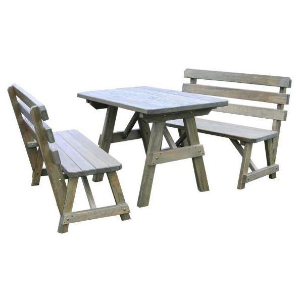Unfinished Yellow Pine Dining Table with 2 Backed Benches - Rustic A & L Furniture for Kitchen, Dining Room, or Outdoor Patio
