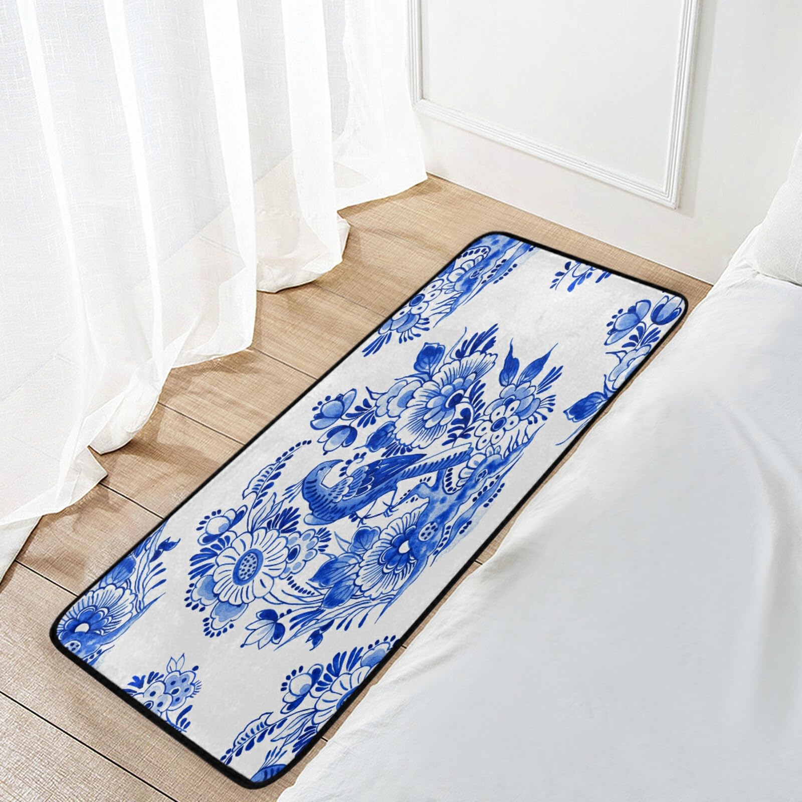 Non-Slip Washable Kitchen Rugs and Mats - Absorbent Cushioned Floor Mat with Blue & White China Floral Design (39
