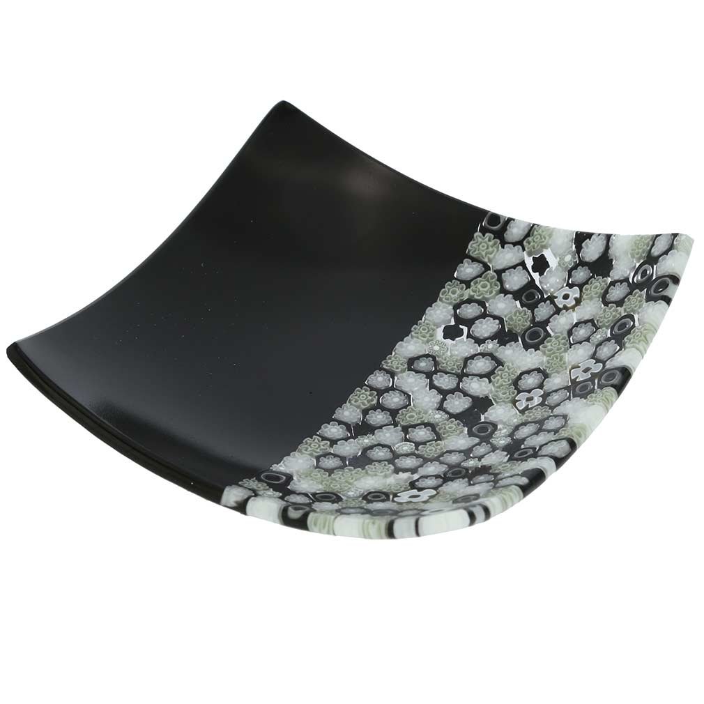 Venetian Murano Millefiori Glass Square Plate - Handcrafted Black & White Italian Art Piece for Home Decor, Wedding Gift or Collector's Item
