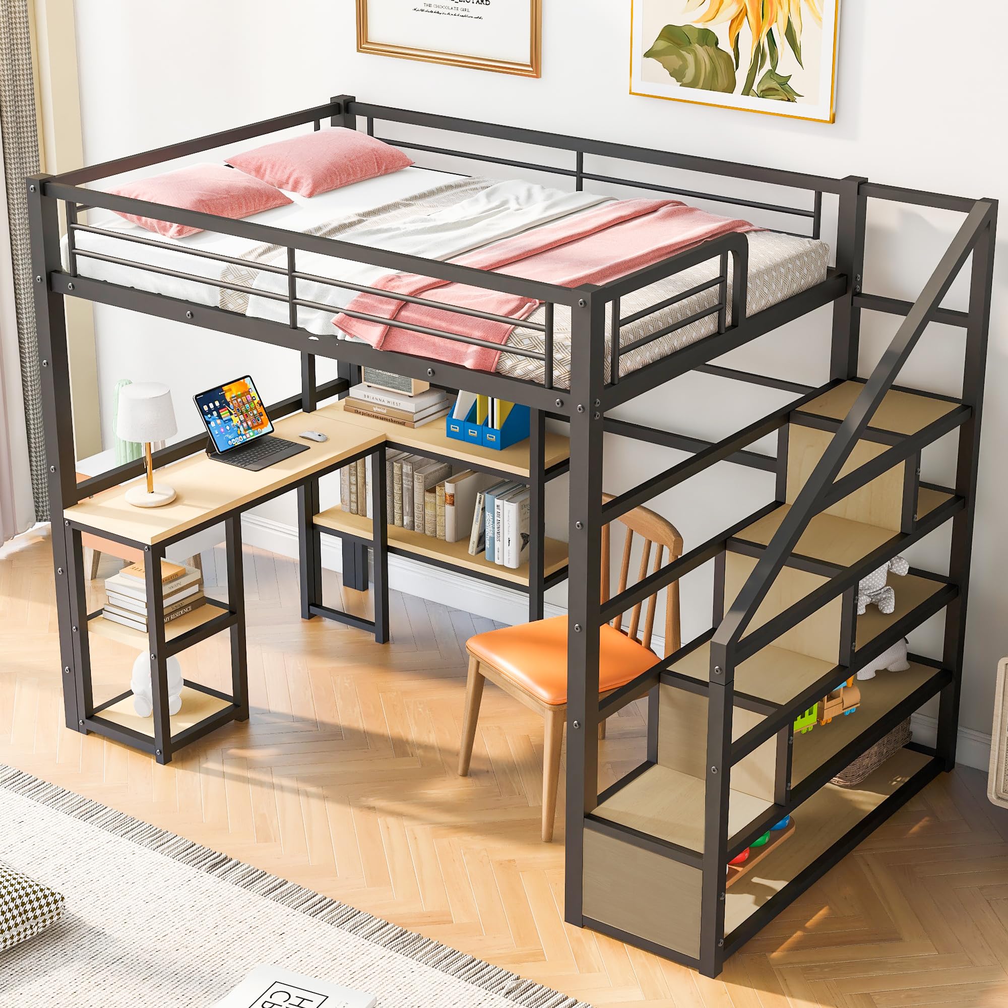 Harper & Bright Designs Full Size Loft Bed with Staircase & Desk - Sturdy Metal Frame with Storage Shelves - Space-Saving High Loft Bed for Kids, Teens, Boys & Girls (Full, Black) - Perfect for Small Bedrooms, Dorms & Shared Kids' Rooms