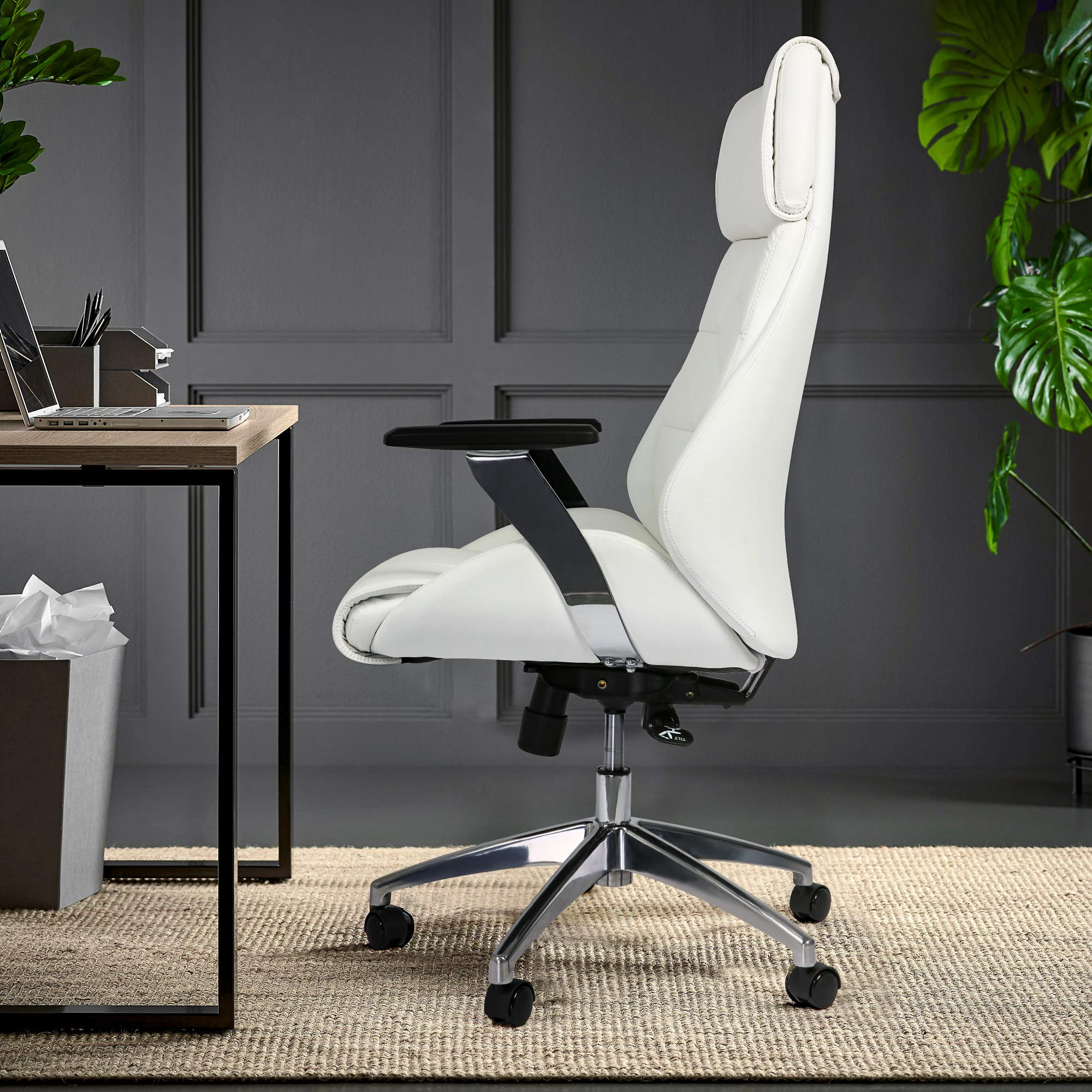 Premium Ergonomic Executive Office Chair - High Back Leather Adjustable Desk Chair with Headrest & Lumbar Support - Modern White Swivel Task Chair for Home & Office Workspaces - Ideal for Long Hours of Comfortable Sitting & Productivity