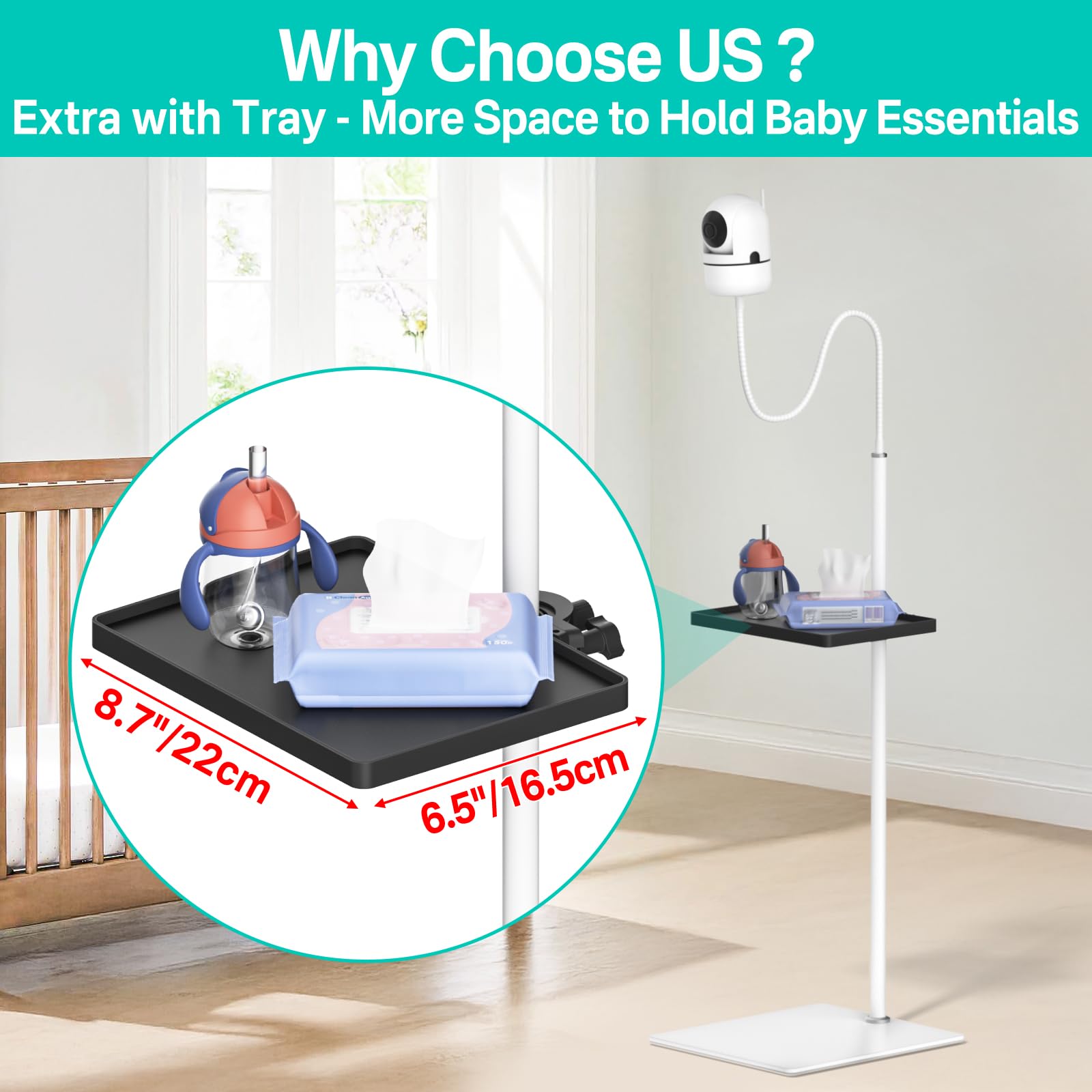 Adjustable Baby Monitor Stand with Storage Tray - Universal Floor Mount for HelloBaby, VTech, Infant Optics DXR-8/DXR-8 Pro, Nanit Pro, Eufy, Owlet & VAVA - Perfect for Nursery, Bedroom & Home Security Monitoring