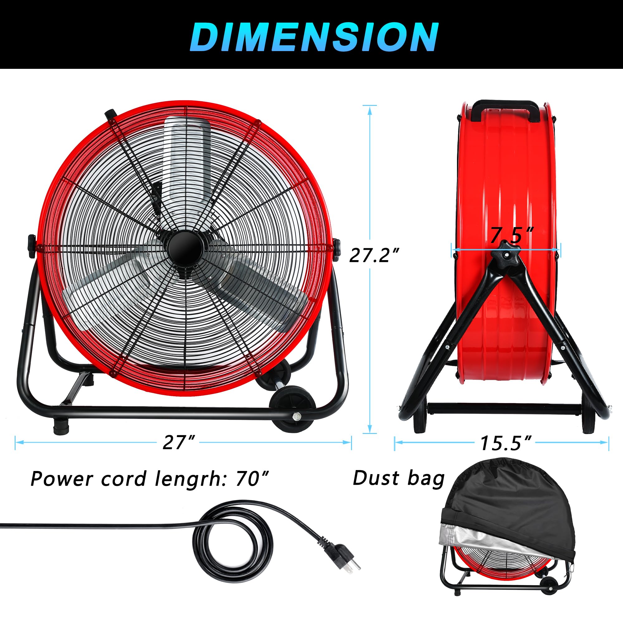 WARMLREC 24 Inch Heavy Duty Industrial Drum Fan - 3 Speed, 8800 CFM High Velocity Air Circulation Fan for Warehouse, Workshop, Factory, Commercial & Residential Use | Perfect for Cooling Large Spaces, Ventilation, and Greenhouse Applications (Red)