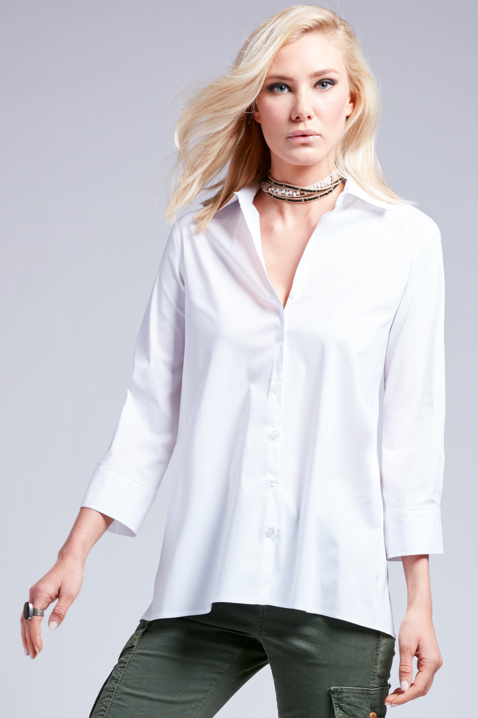 Elegant White Trapeze Top with 3/4 Sleeves - Perfect for Casual Outings, Office Wear & Date Nights