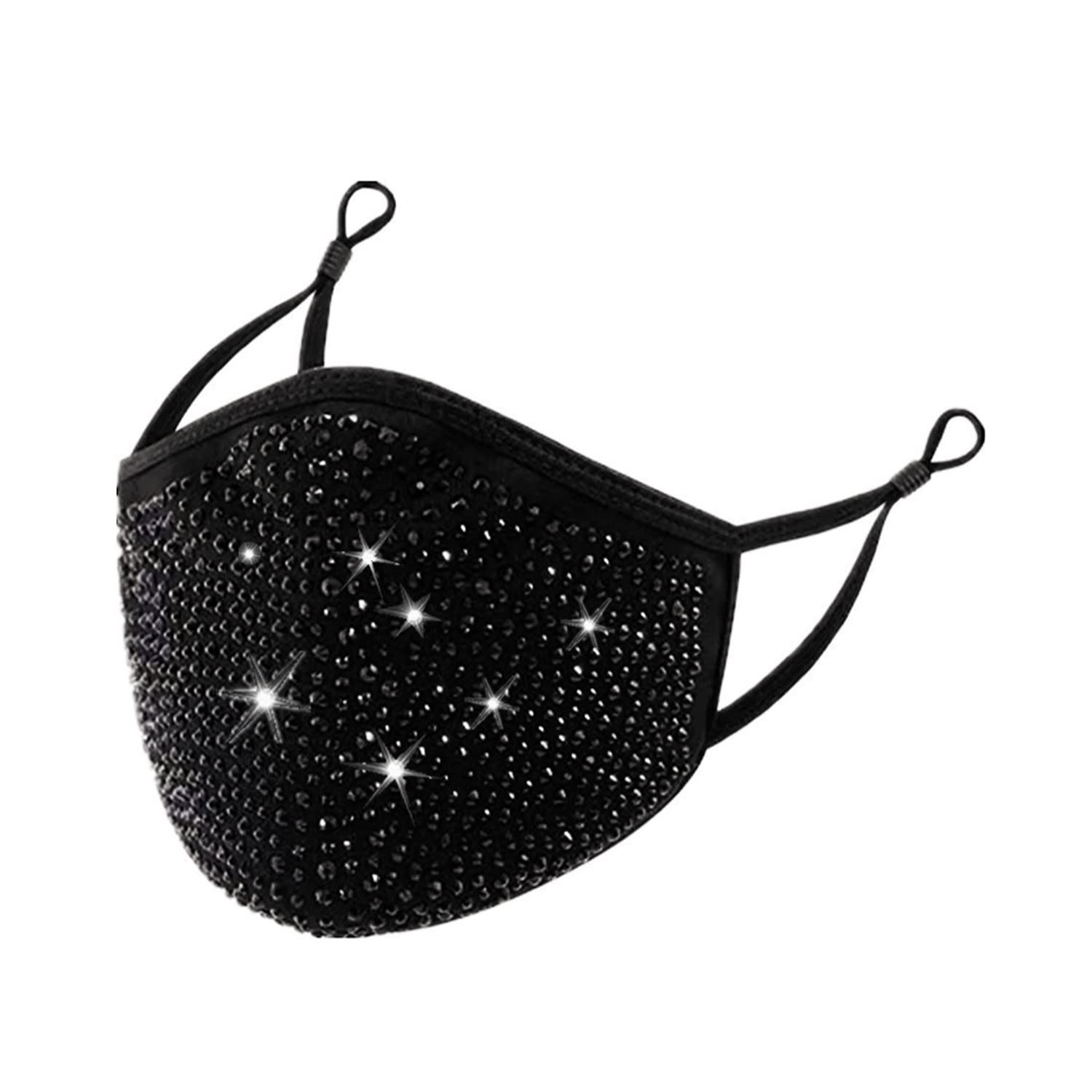Sparkly Rhinestone Face Mask with Elastic Band - Women's Fashion Dustproof Face Covering for Outdoor, Party & Events - Shiny Diamond Glitter Bling Mask (Black) | Perfect for Concerts, Festivals, Halloween & Costume Parties