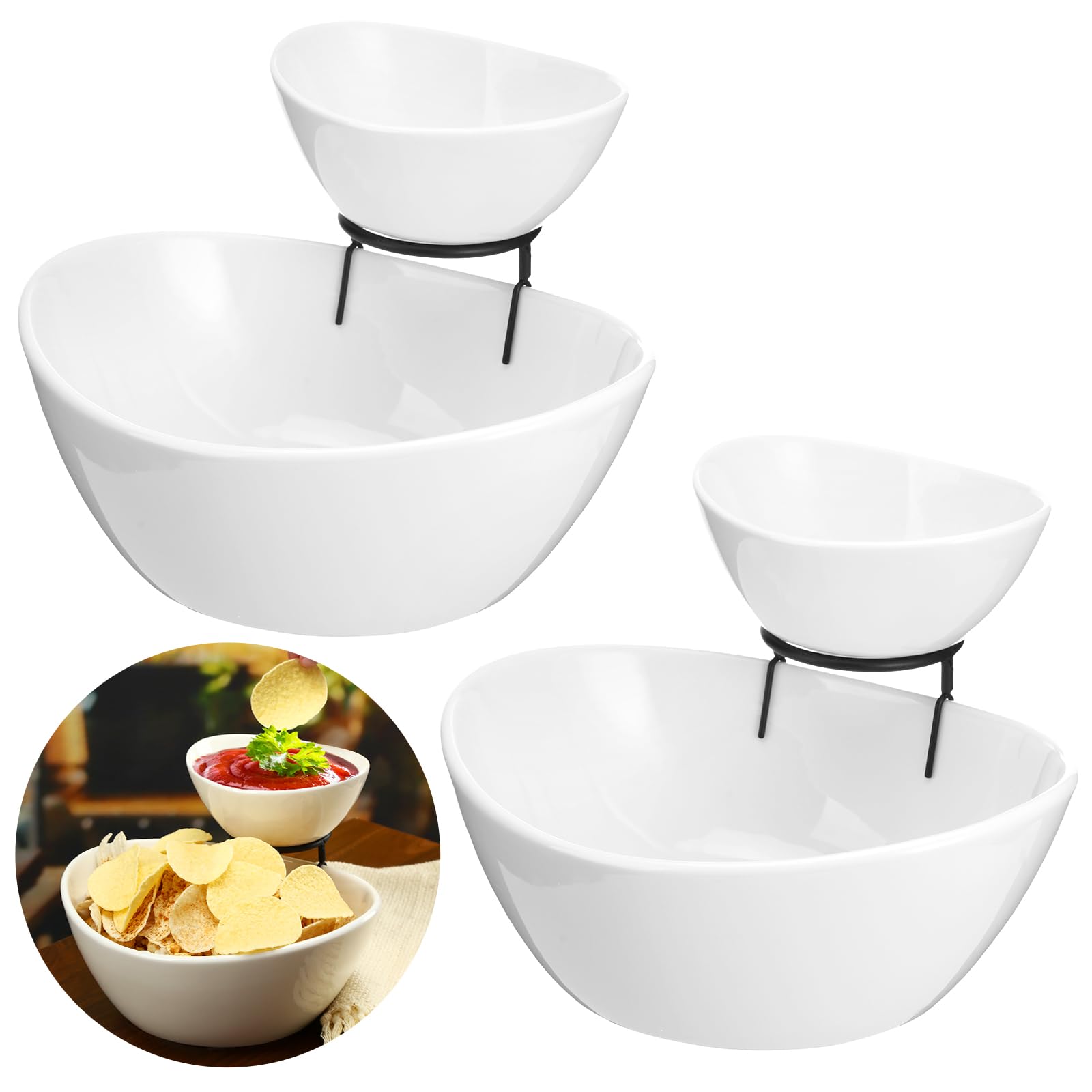 2-Tier Porcelain Chip & Dip Bowl Set for Parties, Appetizers, Salads