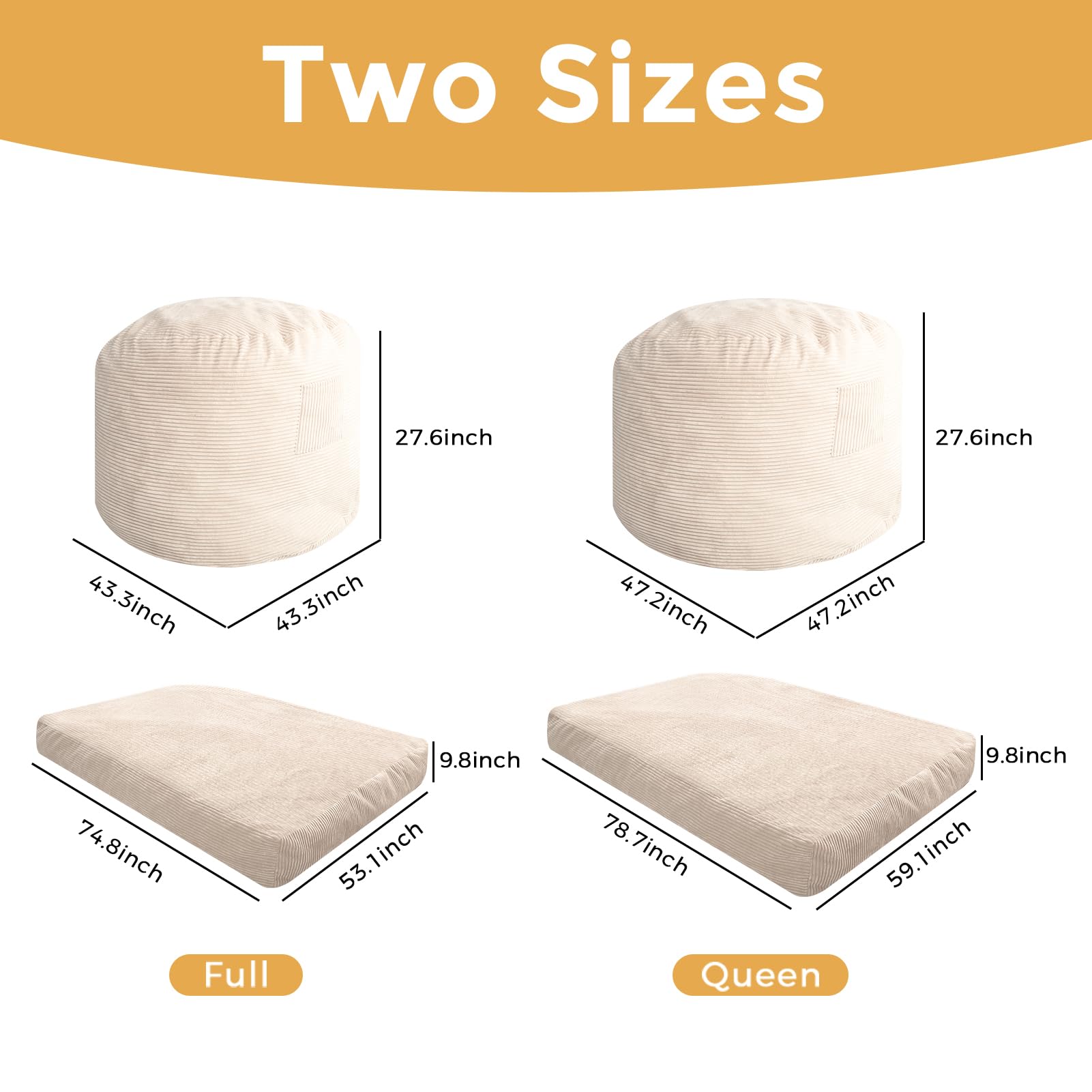 MAXYOYO Oversized Bean Bag Chair Bed for Adults - Convertible Floor Mattress & Lounge Chair - Soft Beige Fabric for Living Room, Bedroom & Game Room Relaxation