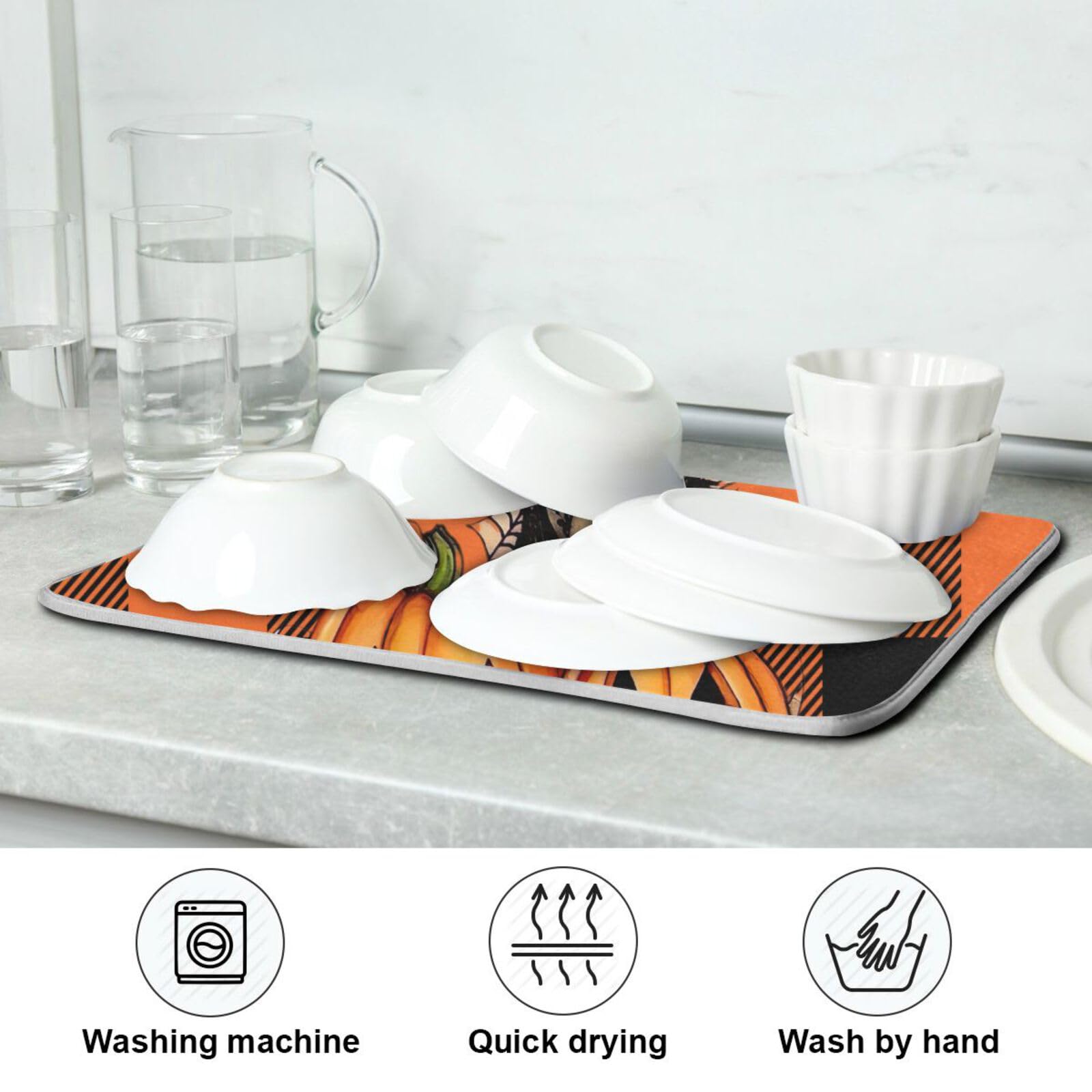 **Orange Plaid Halloween Pumpkin Dish Drying Mat – Absorbent Microfiber Kitchen Counter Protector (16