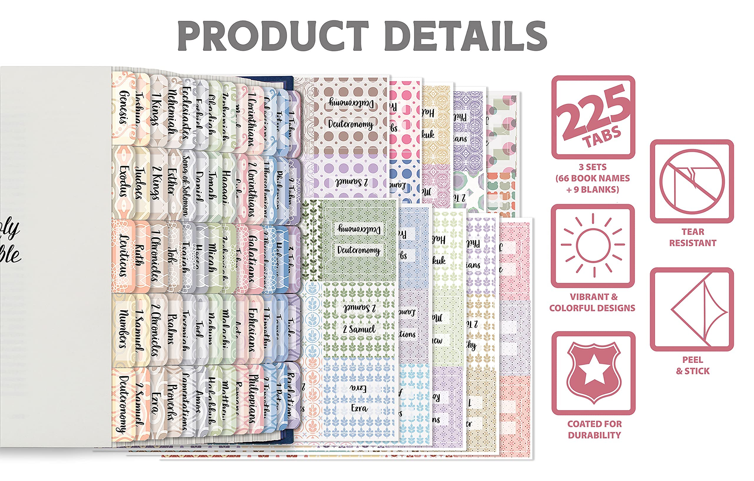 Better Office Products Bible Tabs - 225-Piece Christian Bible Journaling Adhesive Tabs for Old & New Testament (3 Sets, Harmonious Themed Backgrounds) - Perfect for Bible Study, Scripture Organization & Church Groups