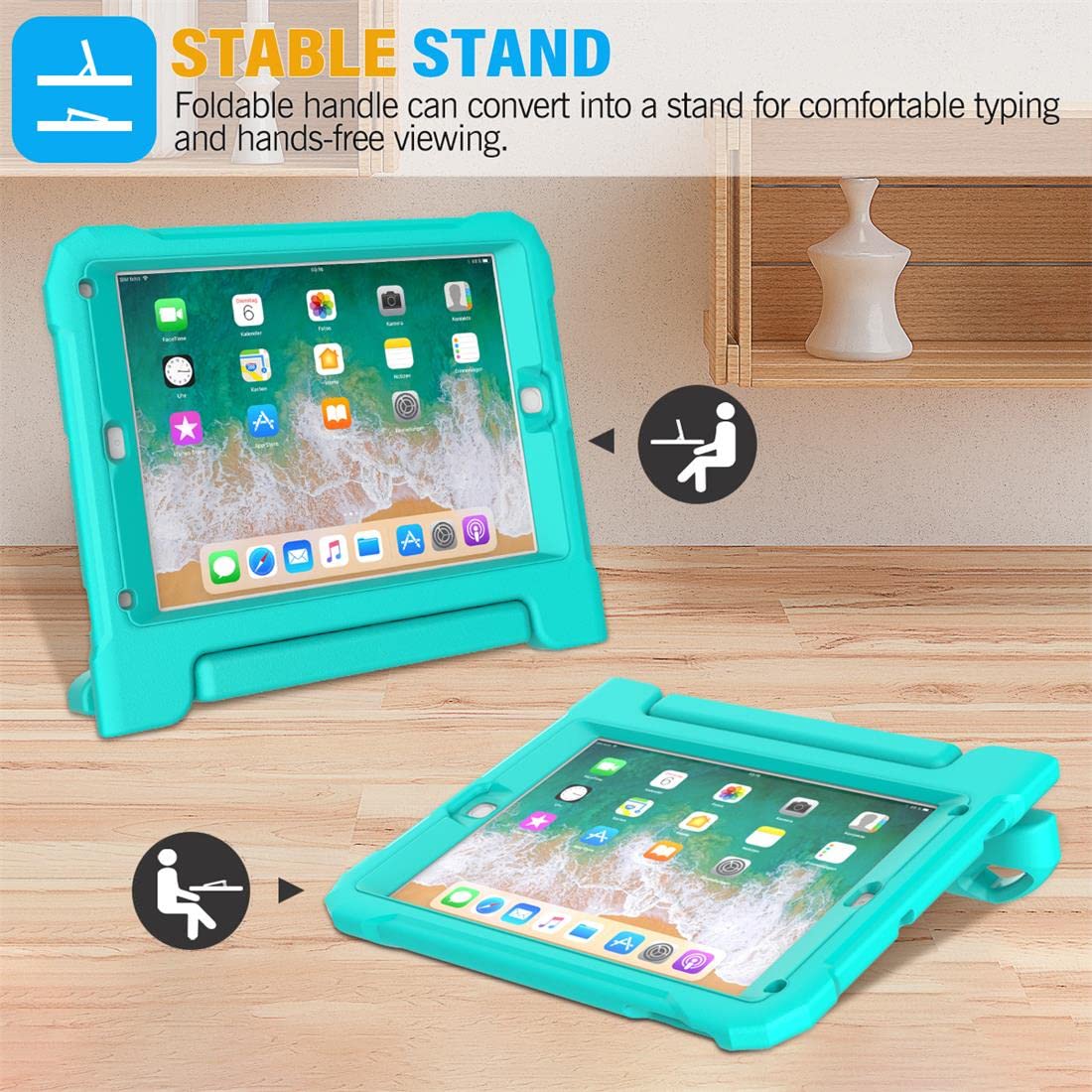 SUPLIK Shockproof Kids iPad Case for iPad 5/6 Gen (9.7 inch 2017/2018), iPad Air 1/2 & Pro 9.7 - Durable Protective Cover with Handle Stand & Screen Protector - Cyan Blue - Perfect for School, Travel & Home Learning