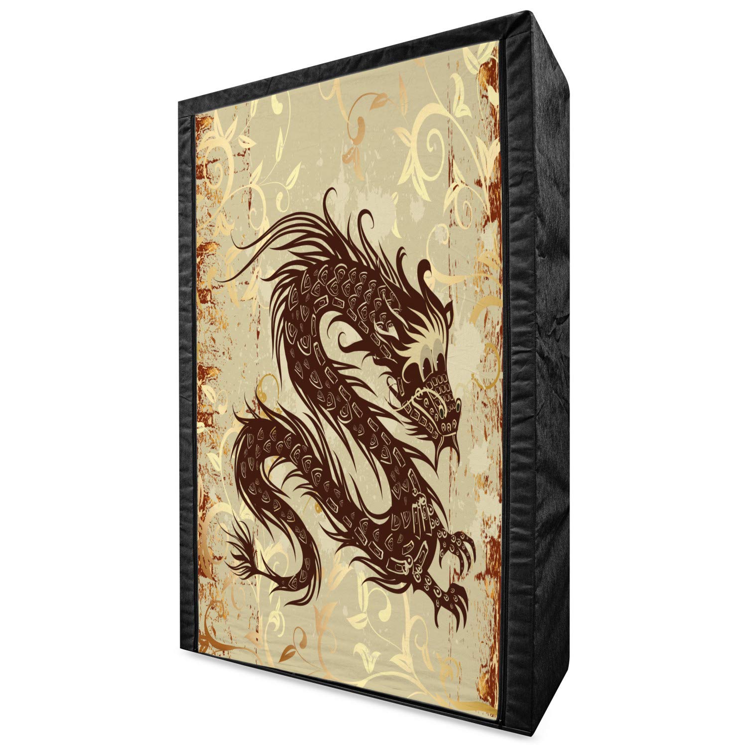 Ambesonne Japanese Dragon Fabric Wardrobe - Portable Clothing Organizer with Shelves, Antique Asian Style, 42.5 Inch, Brown Yellow Beige - Perfect for Bedroom Storage, Closet Organization & Themed Room Decor