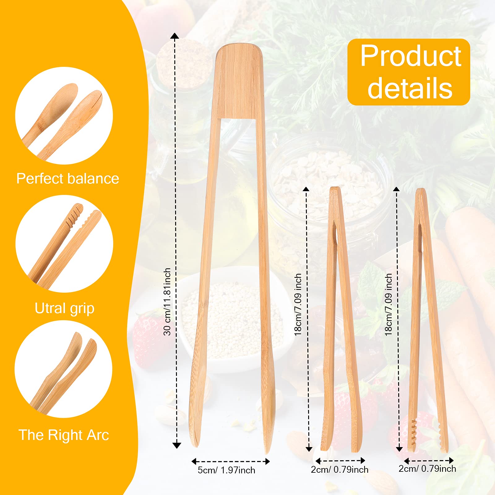 Zopeal 6-Piece Bamboo Kitchen Tongs Set - Long Wooden Cooking Tongs for Toast, Bacon, Cheese, Fruits & Bread - Perfect for BBQ, Baking & Serving