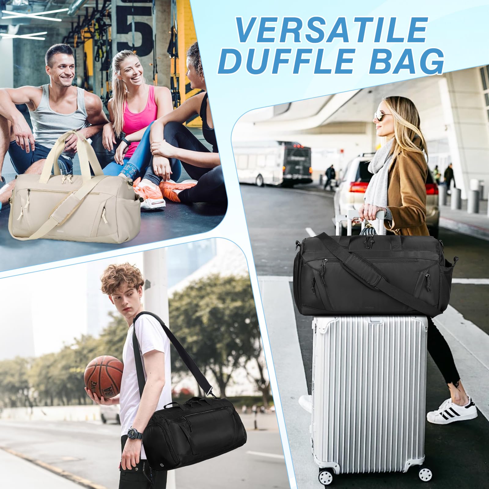 Vaschy 20in Medium Weekender Duffle Bag for Travel, Gym & Yoga - Water-Resistant Carry-On Overnight Bag with Shoe Compartment & Luggage Sleeve - Perfect for Women & Men (Black) | Ideal for Weekend Getaways, Fitness Sessions & Business Trips