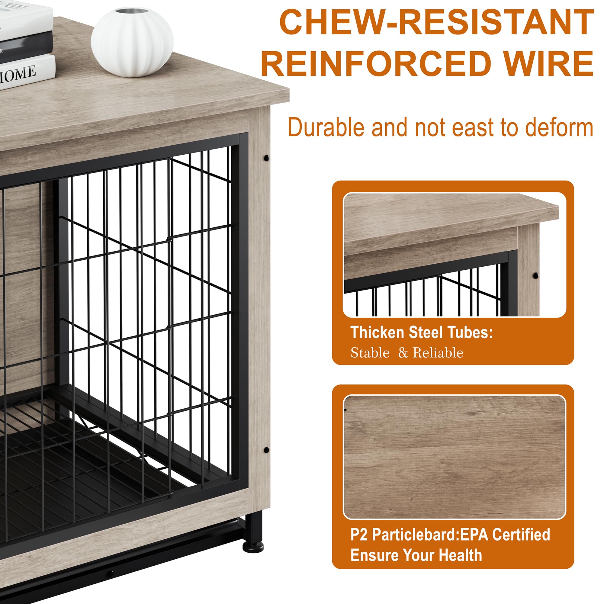Modern Wooden Dog Crate Furniture - Heavy Duty Indoor Kennel with Removable Tray & Double Doors | Side End Table for Living Room, Bedroom | Grey Pet Cage for Small to Medium Dogs | Perfect for Home Decor & Pet Safety