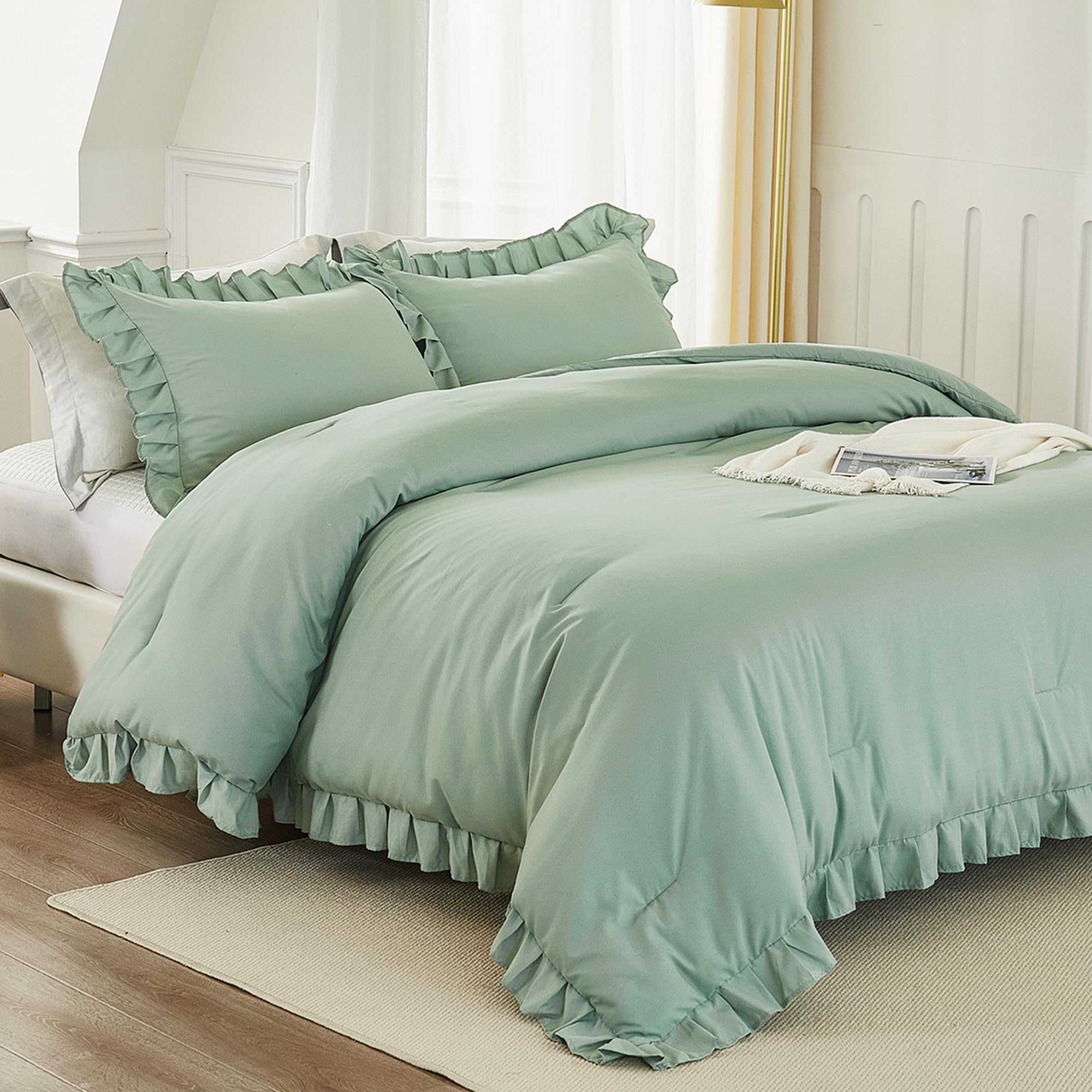 Andency Sage Green Comforter Set Full 3-Piece - Lightweight Soft Ruffle Bedding, Farmhouse Rustic Fluffy Microfiber Down Alternative Comforter (79x90 Inches) - Perfect for Guest Rooms, Master Bedrooms & Cozy Farmhouse Decor