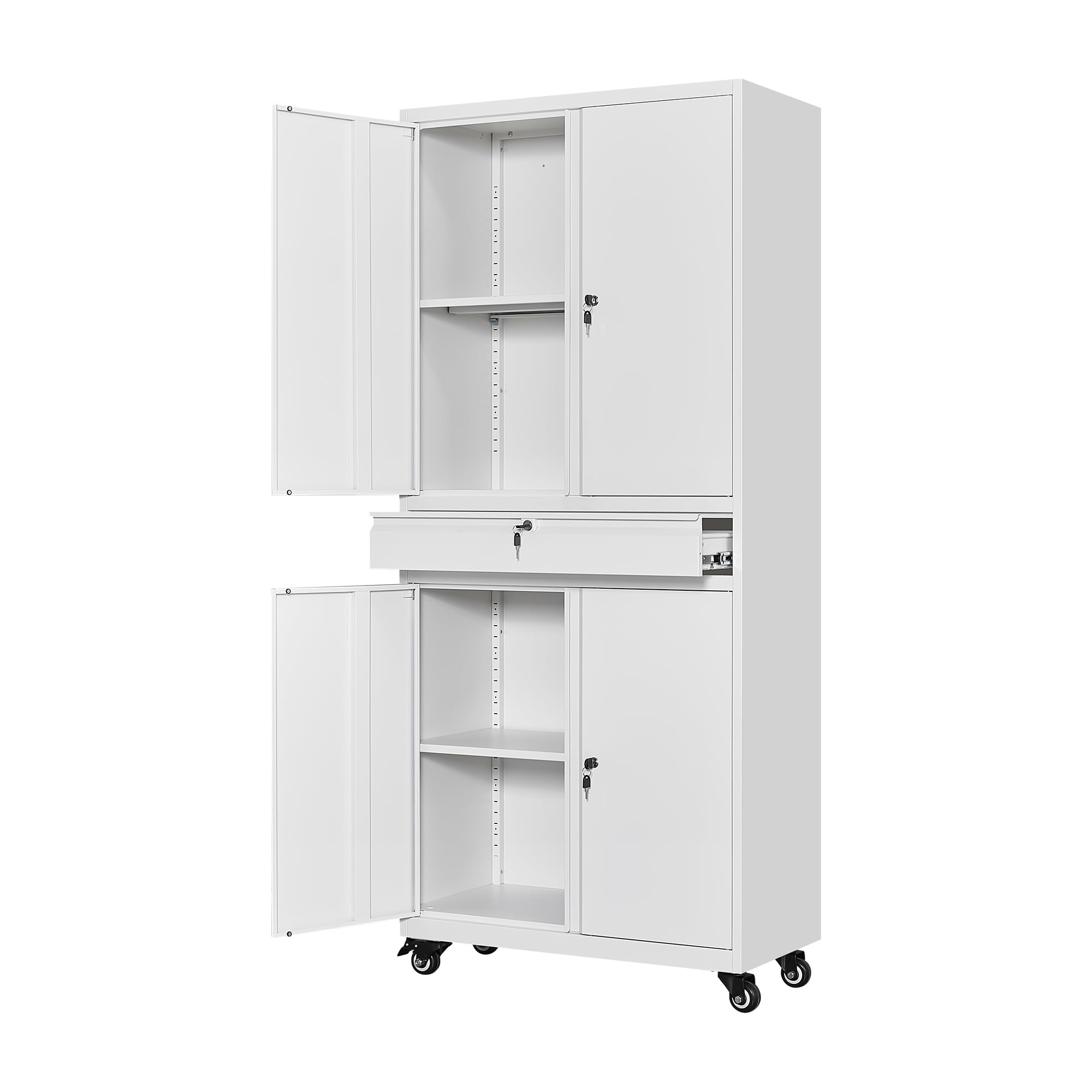 Heavy Duty Metal Storage Cabinet with Wheels - Locking Drawer & Adjustable Shelves for Garage, Home, Office, Gym | Tool Organizer, Equipment Storage | Perfect for Workshop, Basement, Closet Organization (White, Mobile)