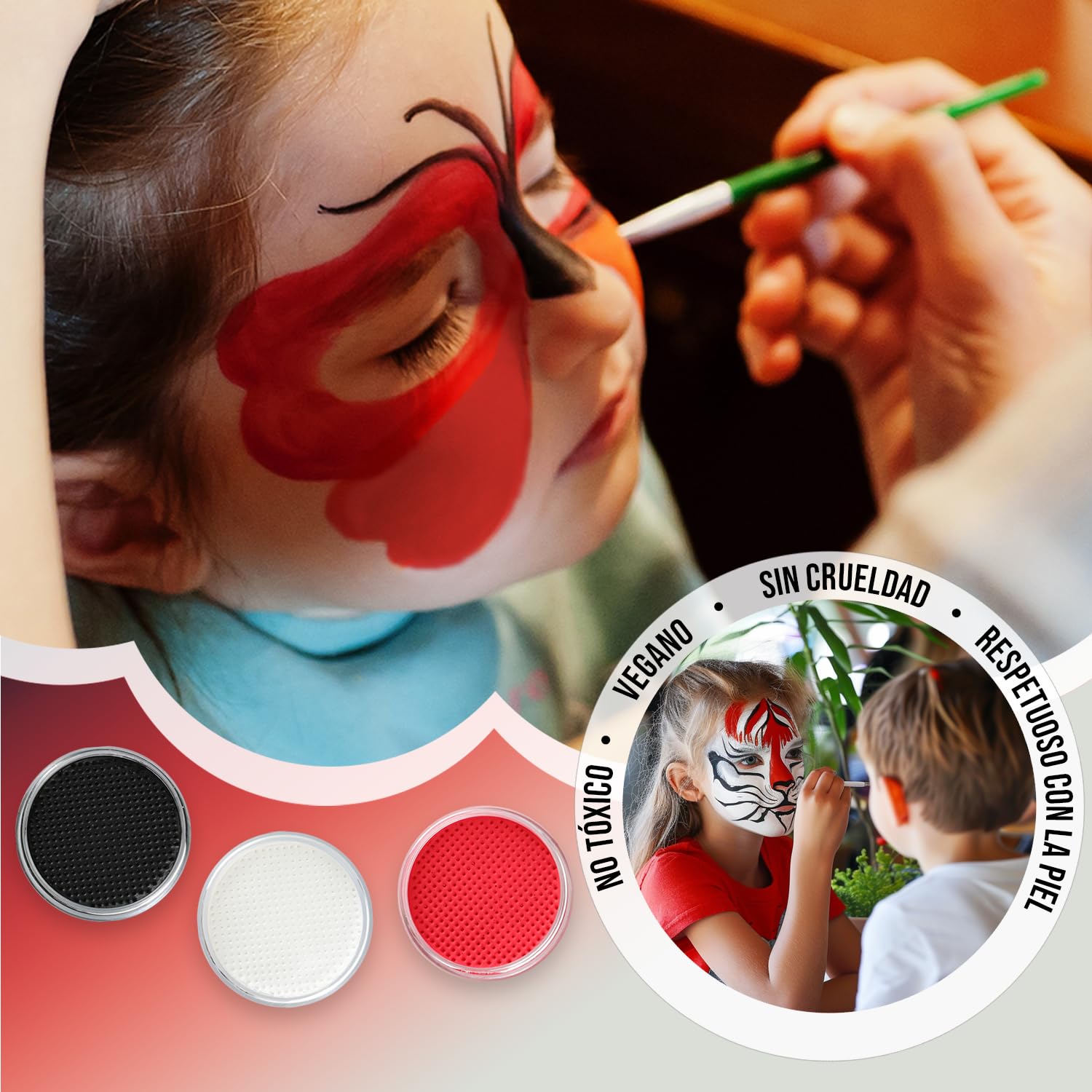 Professional Face Paint Kit for Kids & Adults - 3 Colors (Black, Red, White) - 20g Each with 3 Sponges & 1 Brush - Halloween Makeup, Carnival Body Paint, Vampire Costume - Perfect for Halloween Parties, Carnival Events & Face Painting Activities
